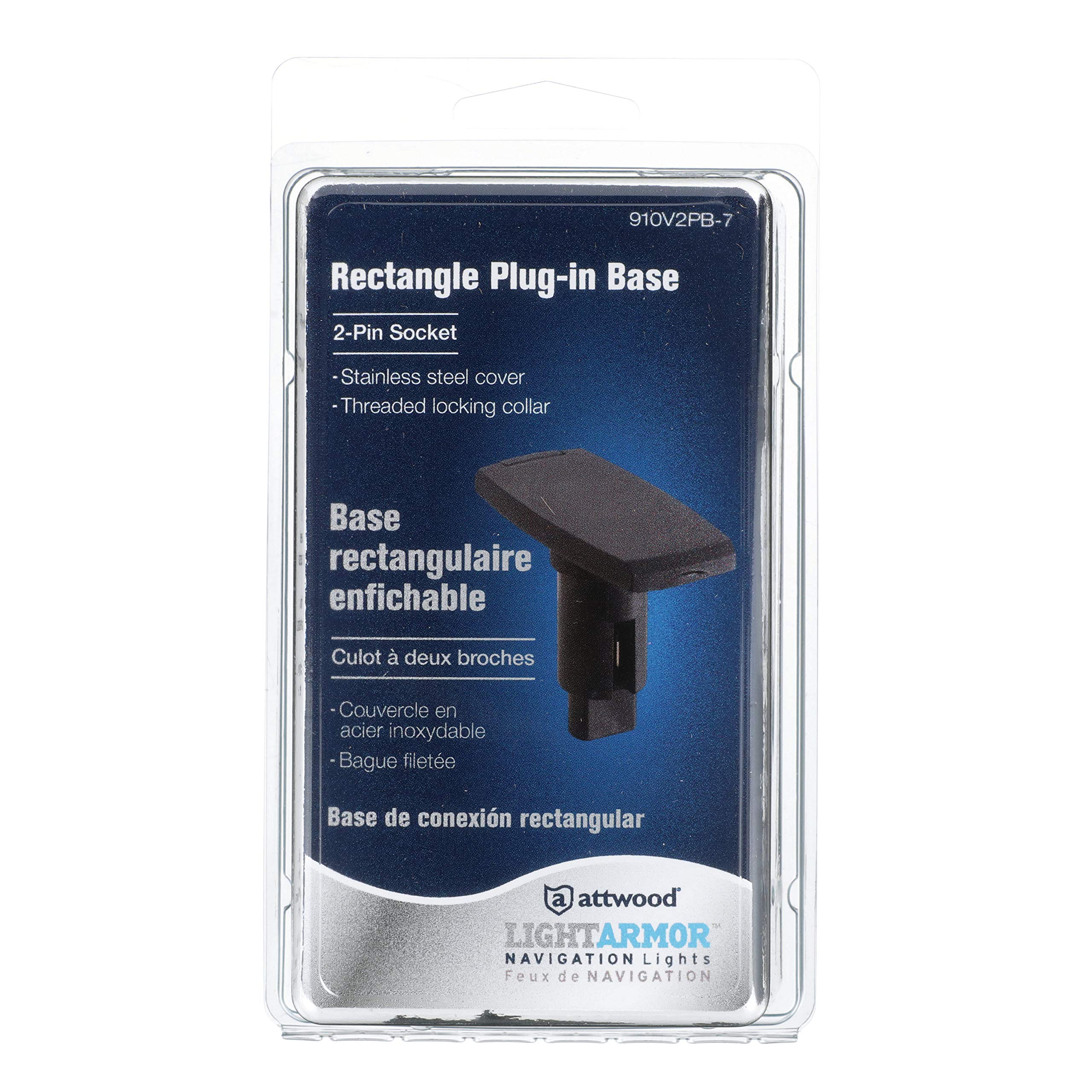 LightArmor™ 910V Series Attwood Rectangle Plug-in Light Base — for All-Around Pole Light, 2-Pin, Black Composite Cover