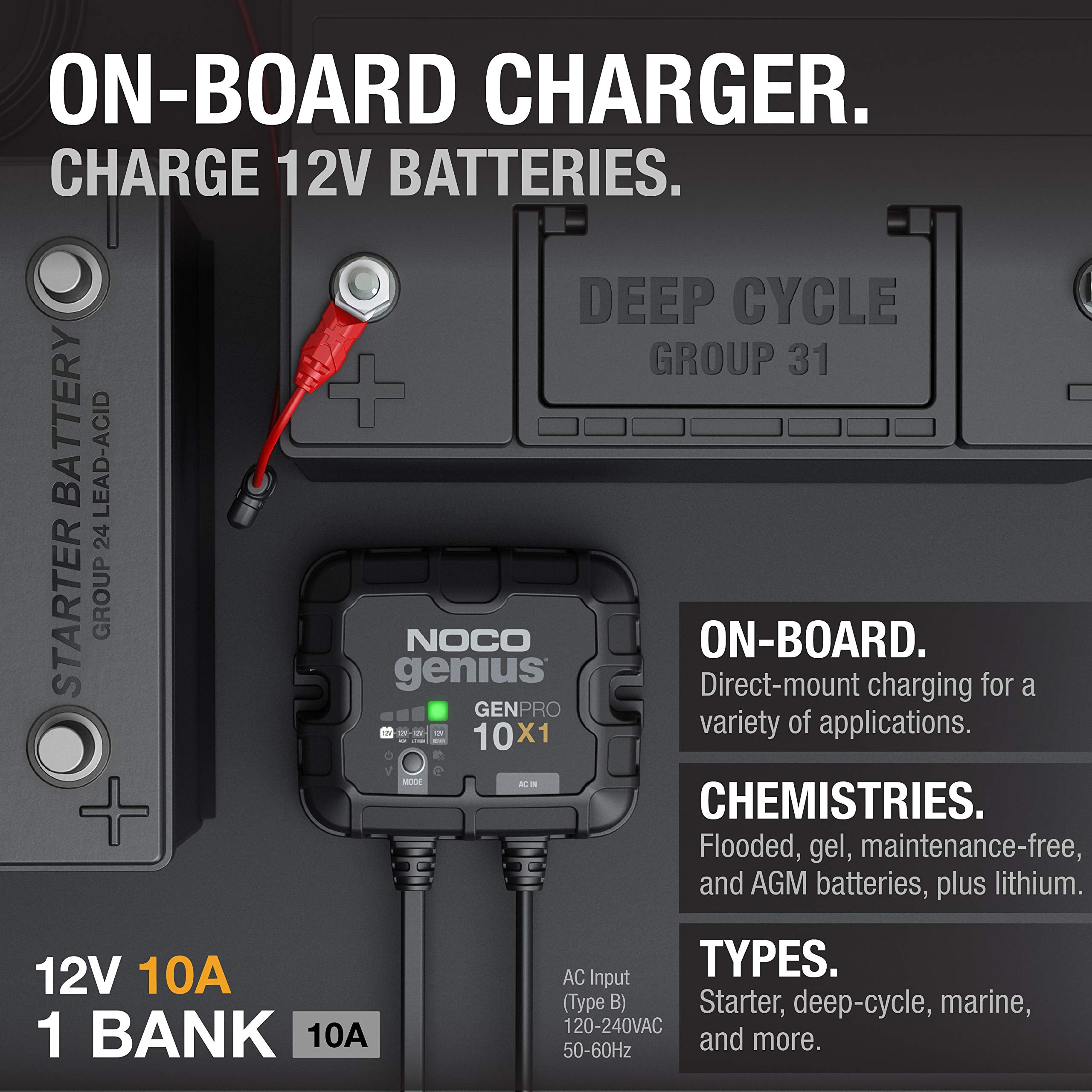 GENPRO10X1 NOCO Genius: 1-Bank, 10A Onboard Battery Charger - 10A Per Bank, 12V Waterproof Marine Charger with Overcharge Protection & Temperature Compensation – for Lead-Acid & Lithium Batteries
