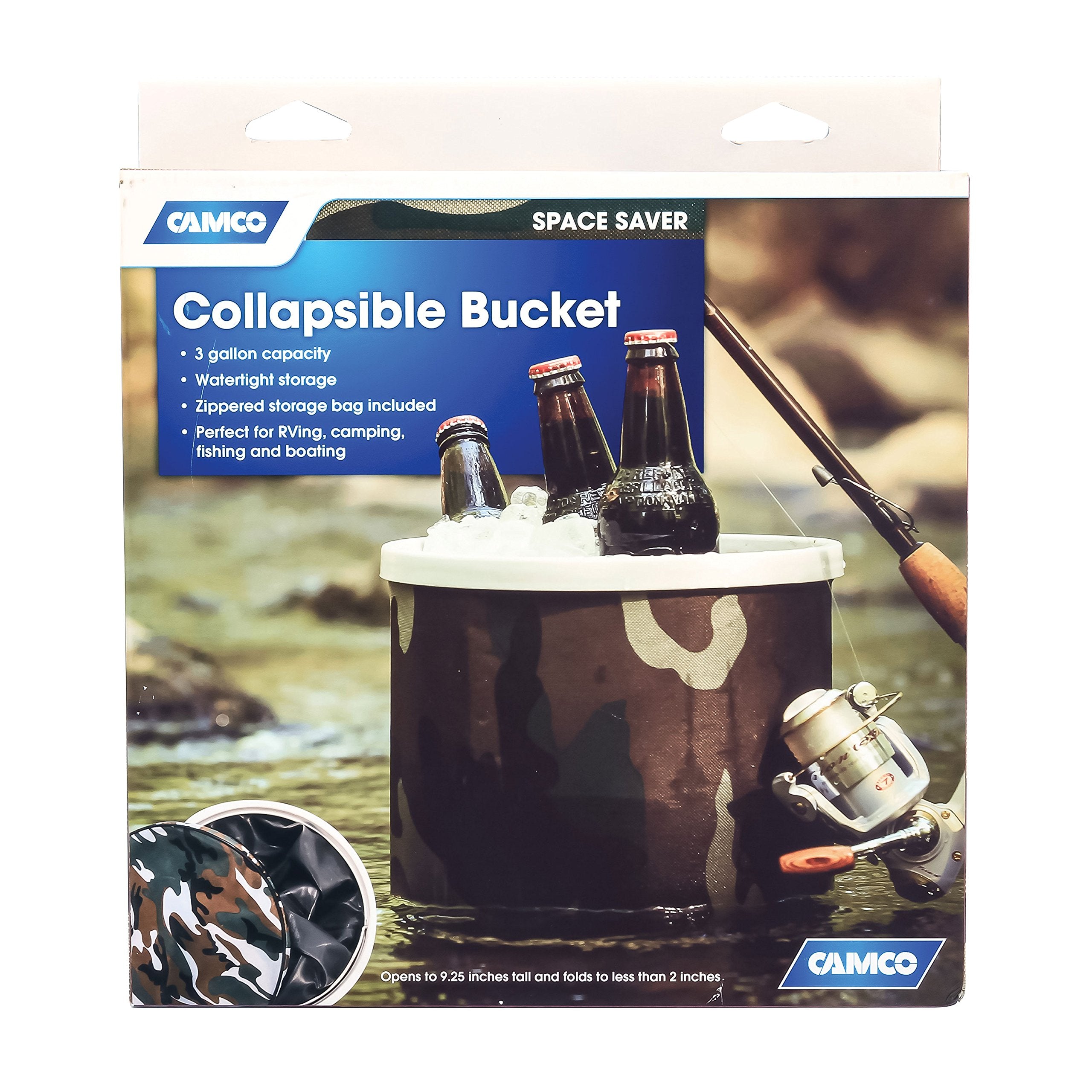 Collapsible Bucket Camco with Storage Case - Durable Pop Up Bucket with Watertight Fabric, Holds 3 Gallons of Water - Great for RVs, Camping, Fishing, Boating, Hiking and More - Camouflage (42994)