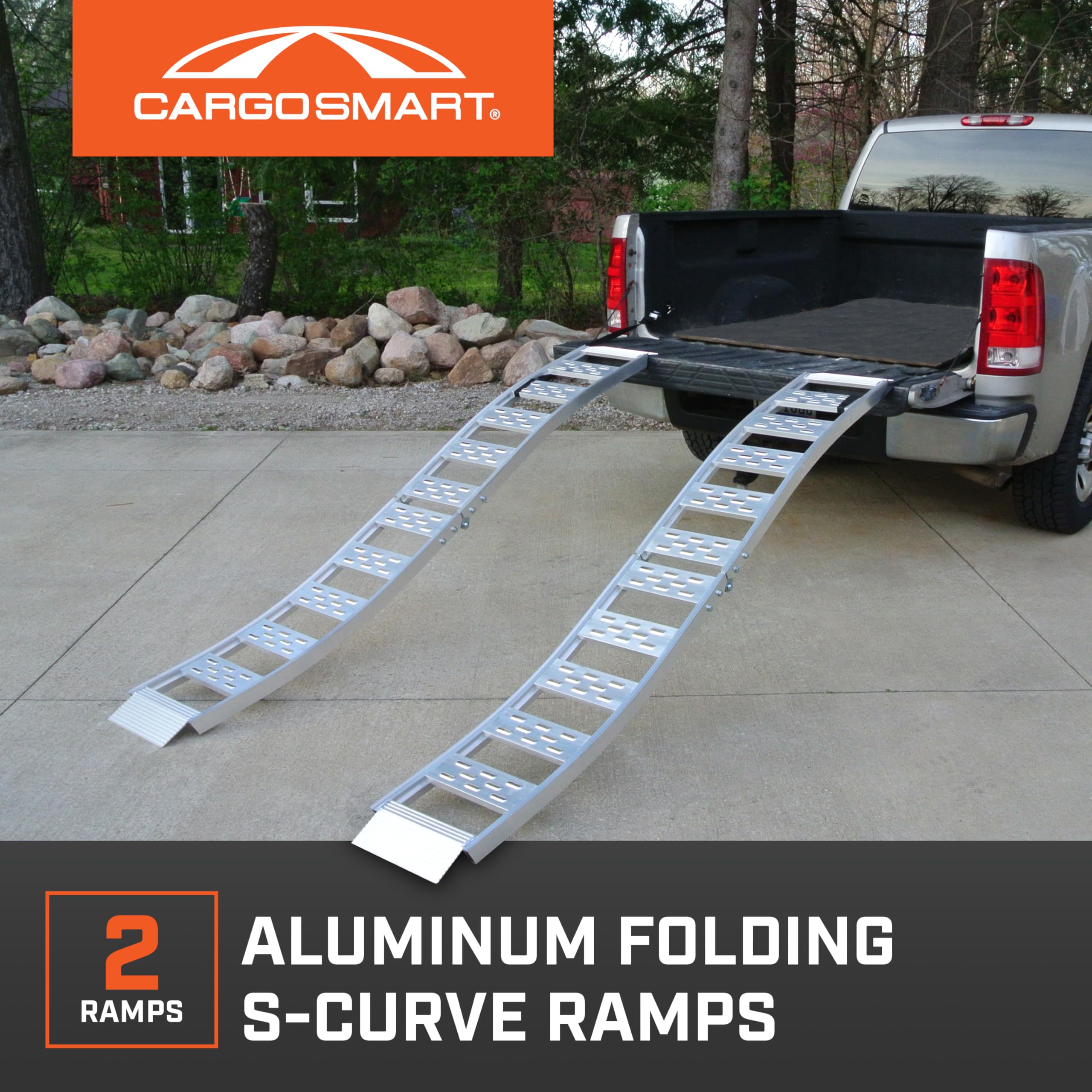 Folding CargoSmart S-Curve Aluminum Ramp with Treads (2pk) – Easily and Safely Load and Unload Light Equipment, Lawn Tractors, ATVs and More, 1,500 lb. Capacity, 12” W x 90” L