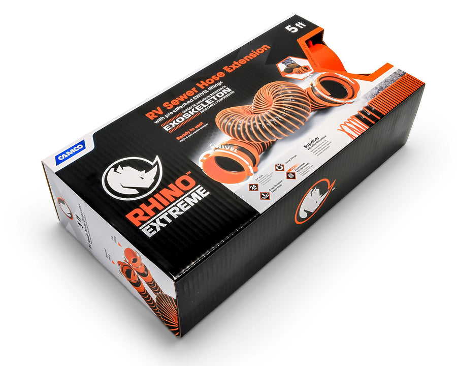 Camco 5-Foot RhinoEXTREME Camper/RV Sewer Hose - Features TPE Technology for Abrasion Resistance and Crush Protection - Includes Pre-Attached Rhino Swivel Fittings (39865)