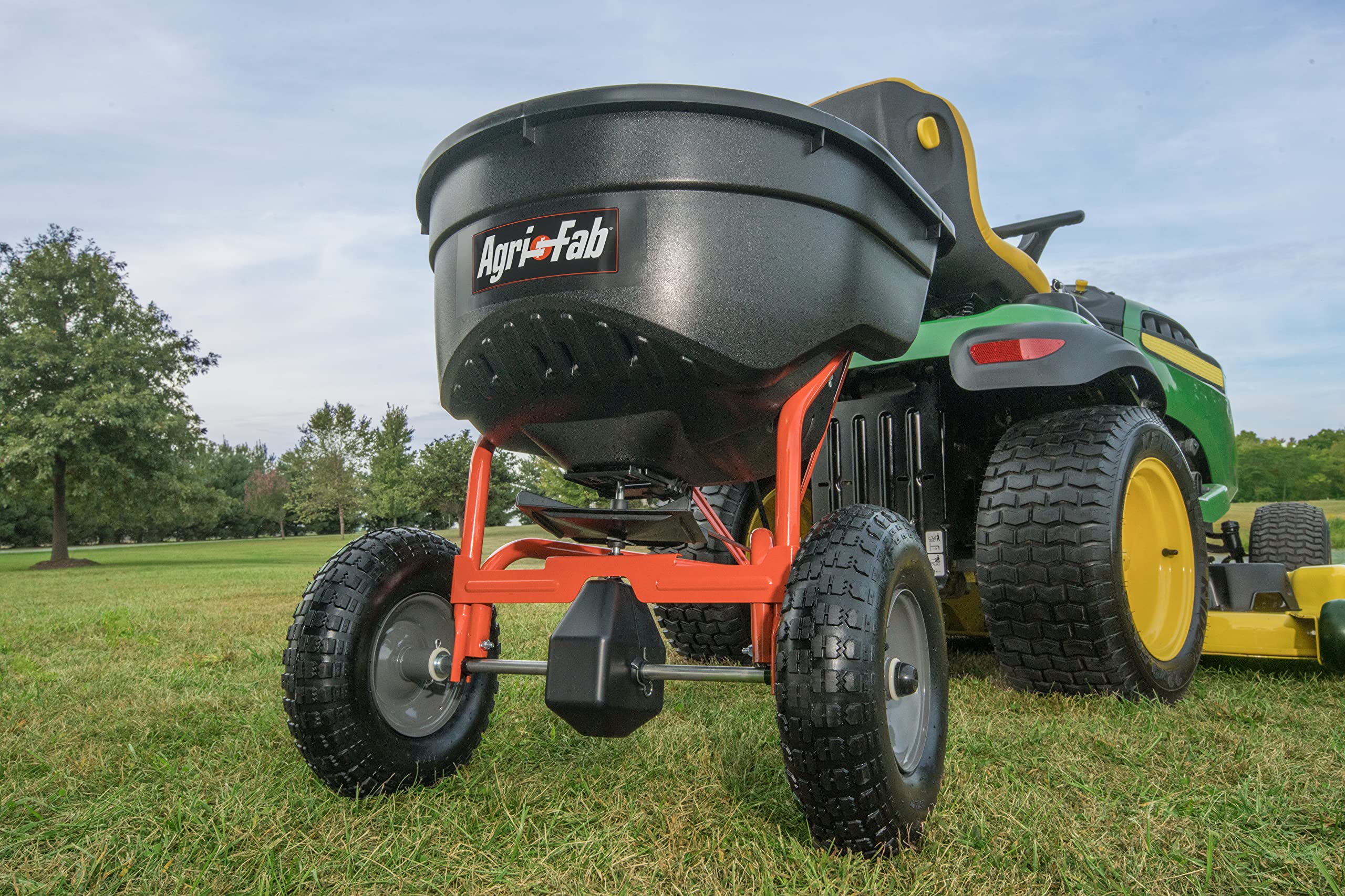 Tow-Behind Agri-Fab 45-0463 130 lb. Lawn & Garden Broadcast Spreader for Seed,Fertilizer,Salt,Ice Melt; Easy to use Flow Control from Seat of Riding Lawn Mower