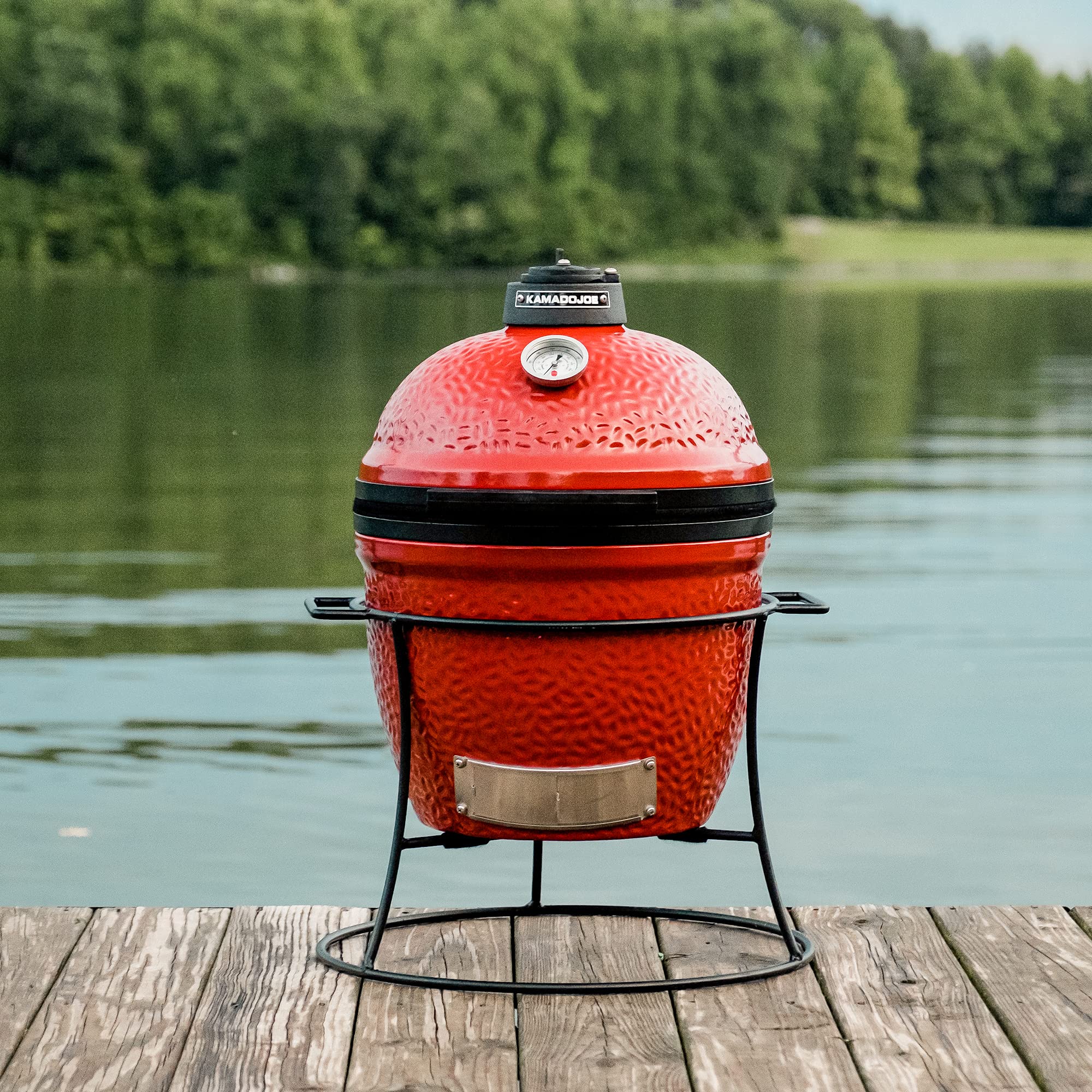Joe Jr Kamado Joe 13.5-inch Portable Ceramic Charcoal Grill with Grill Stand, Stainless Steel Cooking Grate, Heat Deflectors and Ash Tool in Red, Model KJ13RH