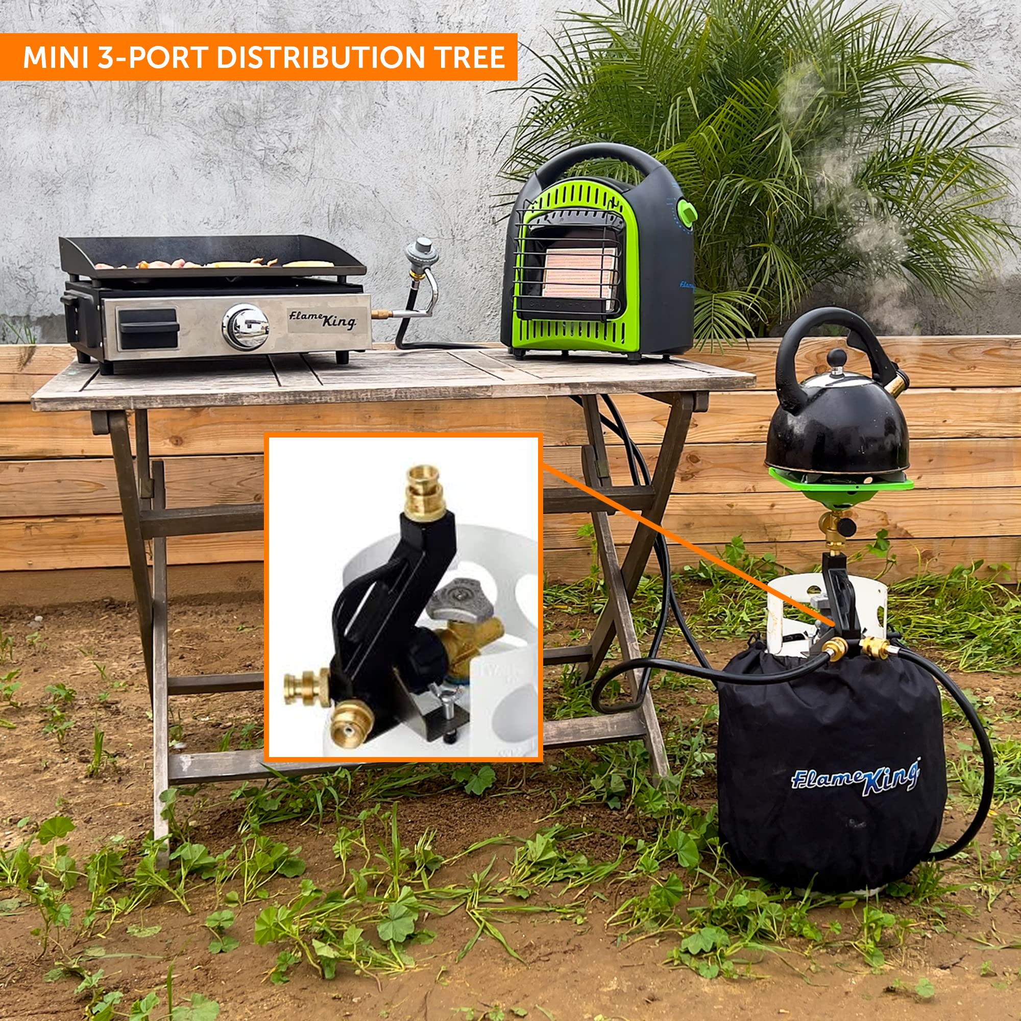Flame King Mini FK-DTMINI 3-Port Distribution Tree for Camping, Connects 1-lb Appliances to a Standard Propane Tank, Perfect for Lanterns, Stoves, Heaters, and Grills, Black & Gold
