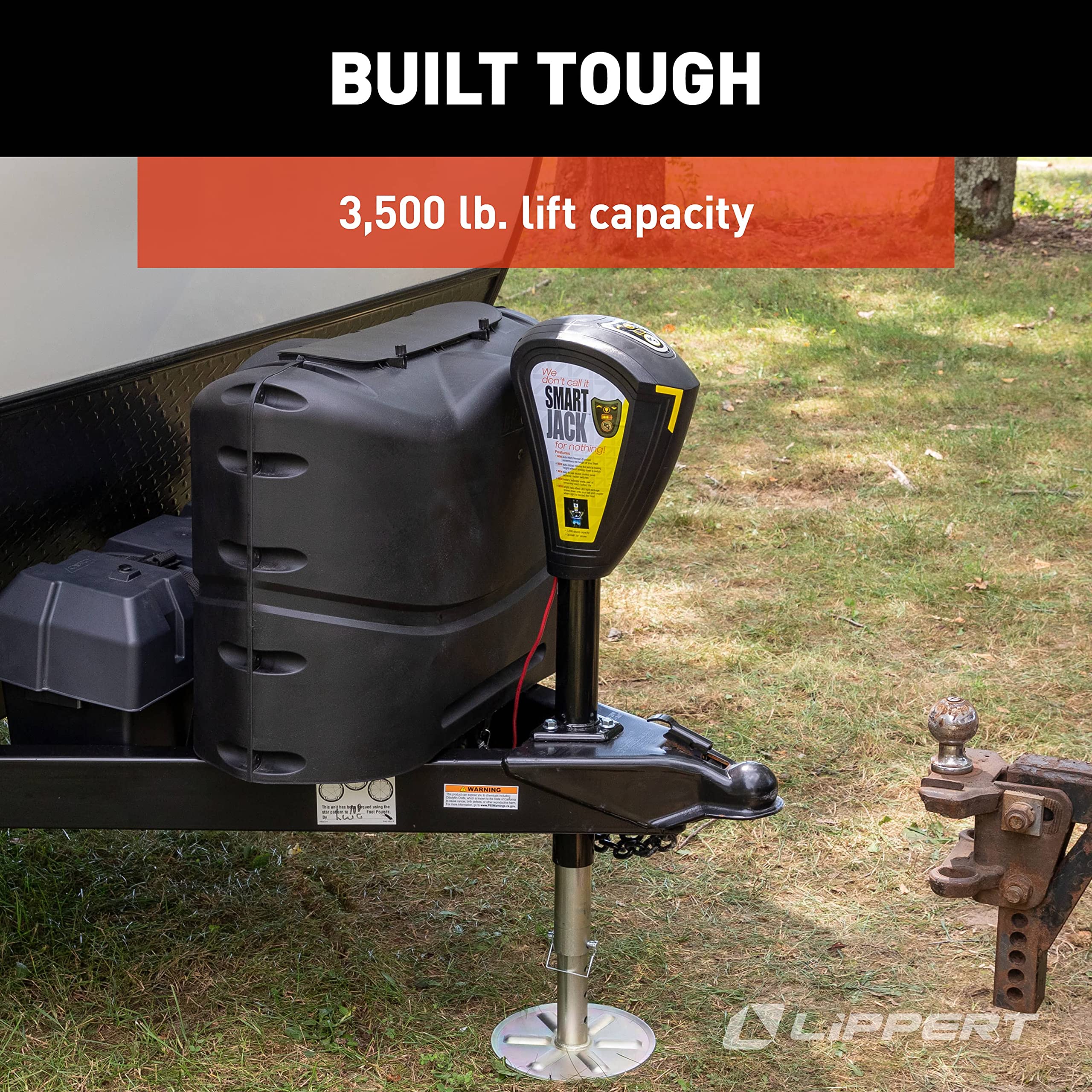 Lippert Smart Jack One-Touch Automatic Power Electric A-Frame Trailer Tongue, 3,500 lbs. Auto-Hitch Memory, Integrated LED Lights, Backlit Controls, Battery Indicator, Quiet - 643589