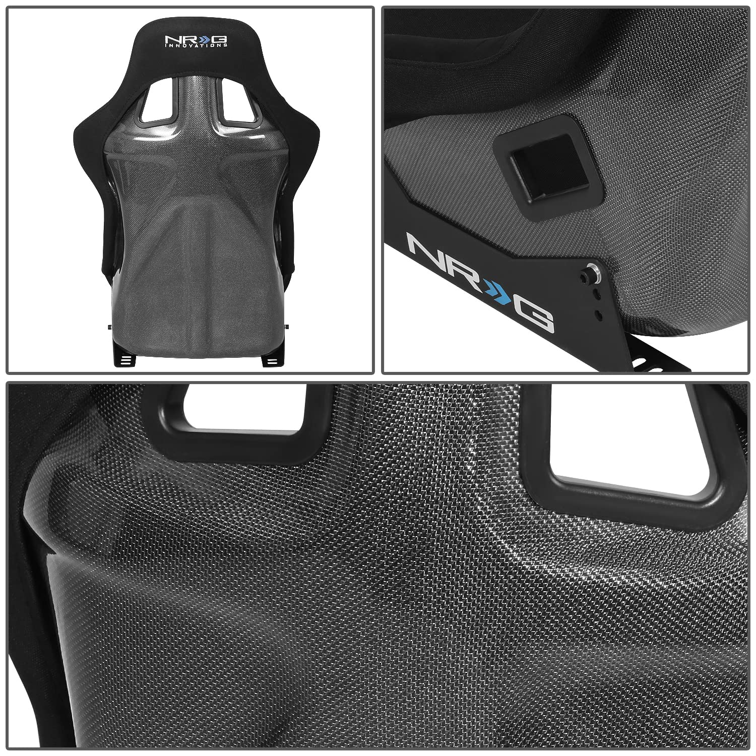 NRG Innovations Fixed Back NRG-RSC-302CF-SL Bucket Racing Seat with Universal Side Mount Bracket, Silver Carbon Fiber Back, Black/Silver