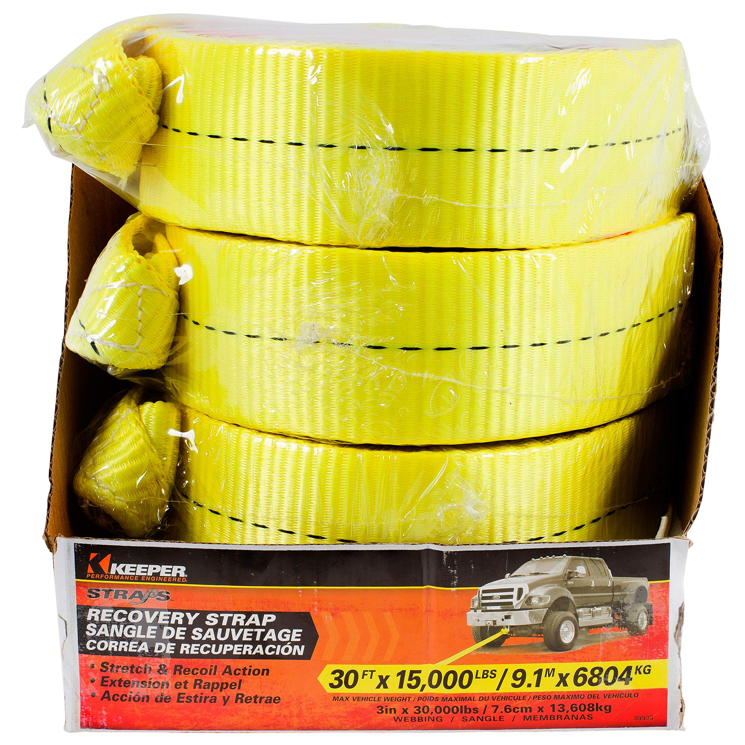 Tow Straps KEEPER Heavy Duty with Loops - 3" x 30' Recovery Strap, 30,000 lbs Break Strength - Towing Rope for Trucks, Off-Road Vehicles, and SUVs
