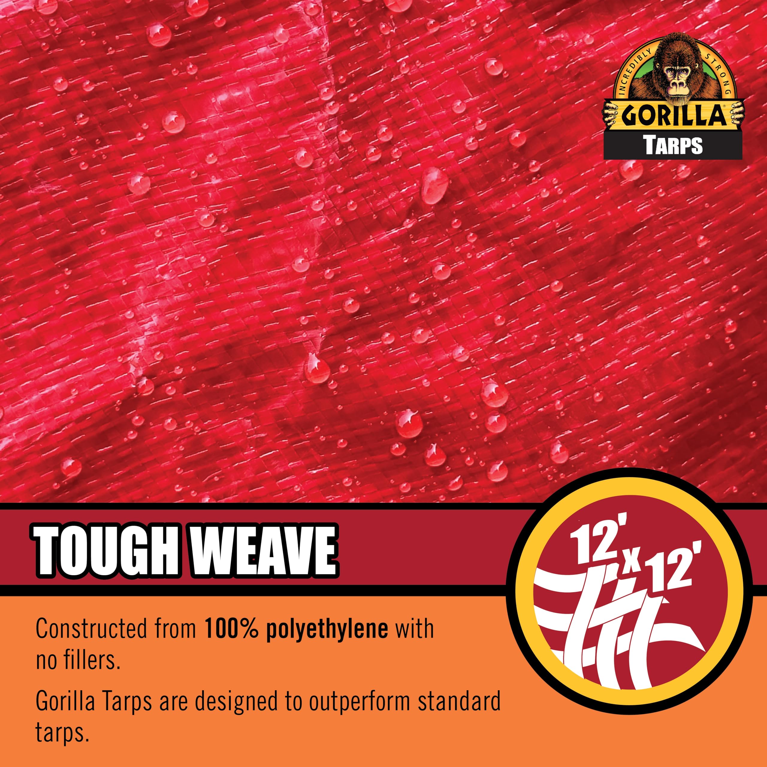 Gorilla Tough Tarp Heavy-Duty 12 ft x 16 ft Waterproof Polyethylene, 8 mil Thick, UV Treated with Reinforced Edges & Aluminum Grommets - Durable Outdoor Tarp for Camping, Gardening, Construction