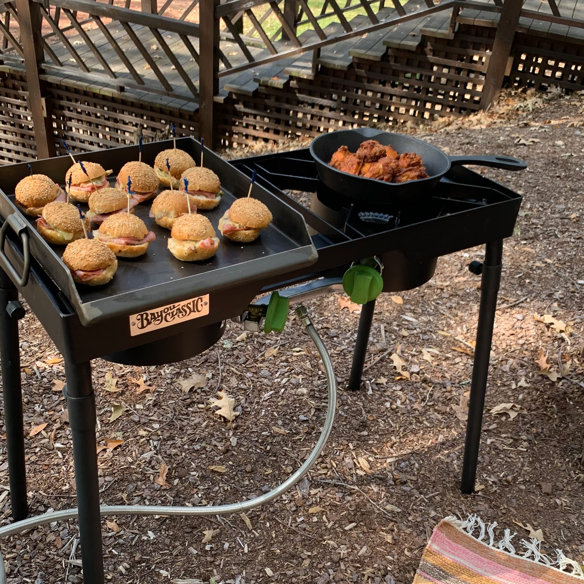 Bayou Classic Camp Stove Dual Patio w/Single Griddle Features Dual 6-in Cast Aluminum Burners 27-in Tall Cooker 13.5-in x 13.5-in Square Removable Griddle Perfect For Backyard Chefs Tailgates