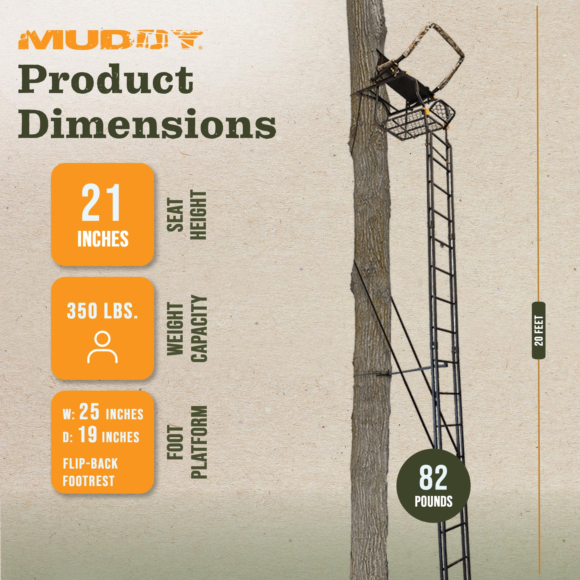 Muddy Skybox Deluxe 1-Person Steel Ladder Tree Stand, 20 ft Tall, 350 lb Capacity - Heavy-Duty Hunting Treestand with Flex-Tex Seat, Safety Harness, Adjustable Shooting Rail & Flip-Back Footrest