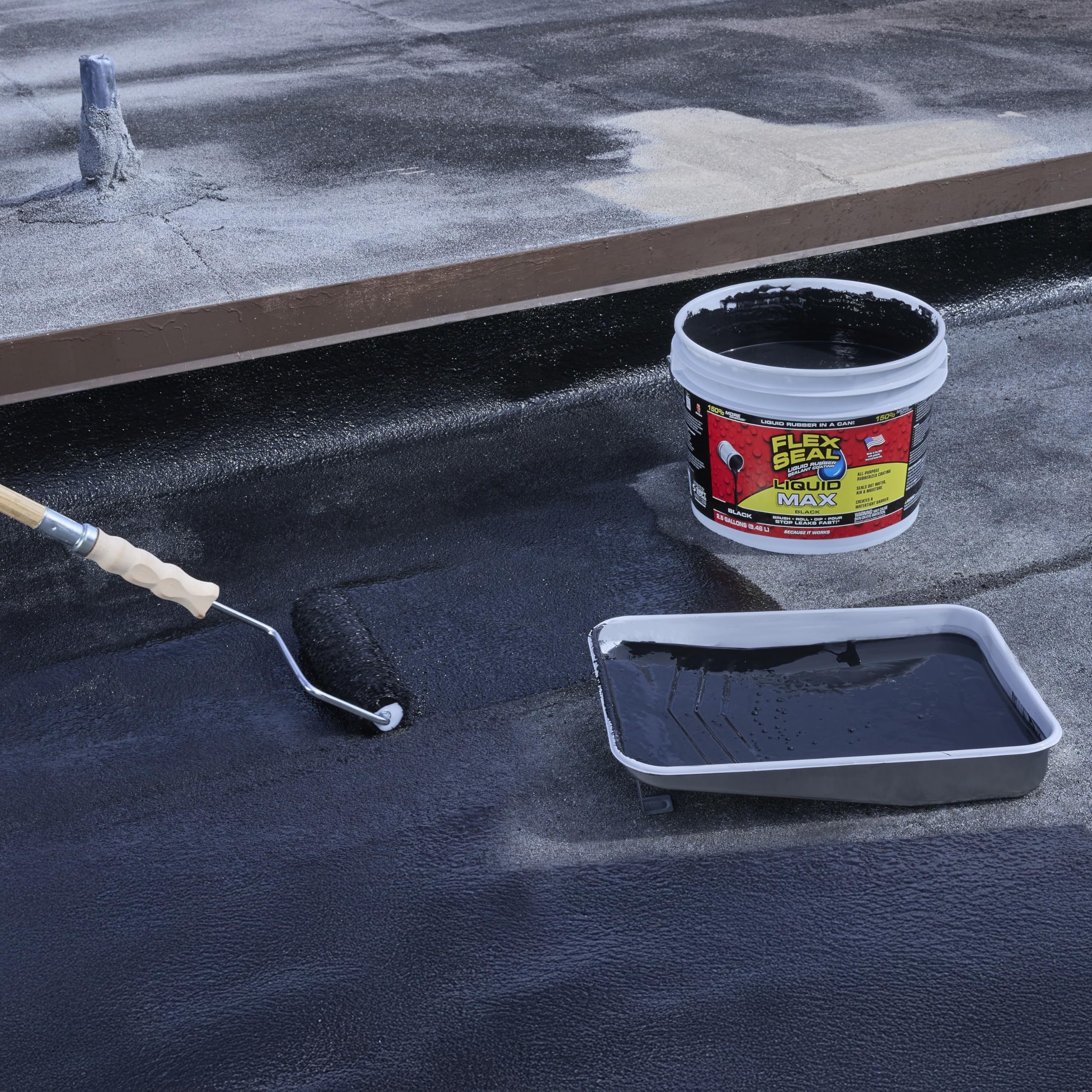 Flex Seal Liquid, Liquid Rubber Coating Sealant, Waterproof, Flexible, Breathable, UV Resistant, Roof Repair, Basements, RV, Campers, Trailers, Marine, EPDM, MAX, Black, 2.5 Gallon