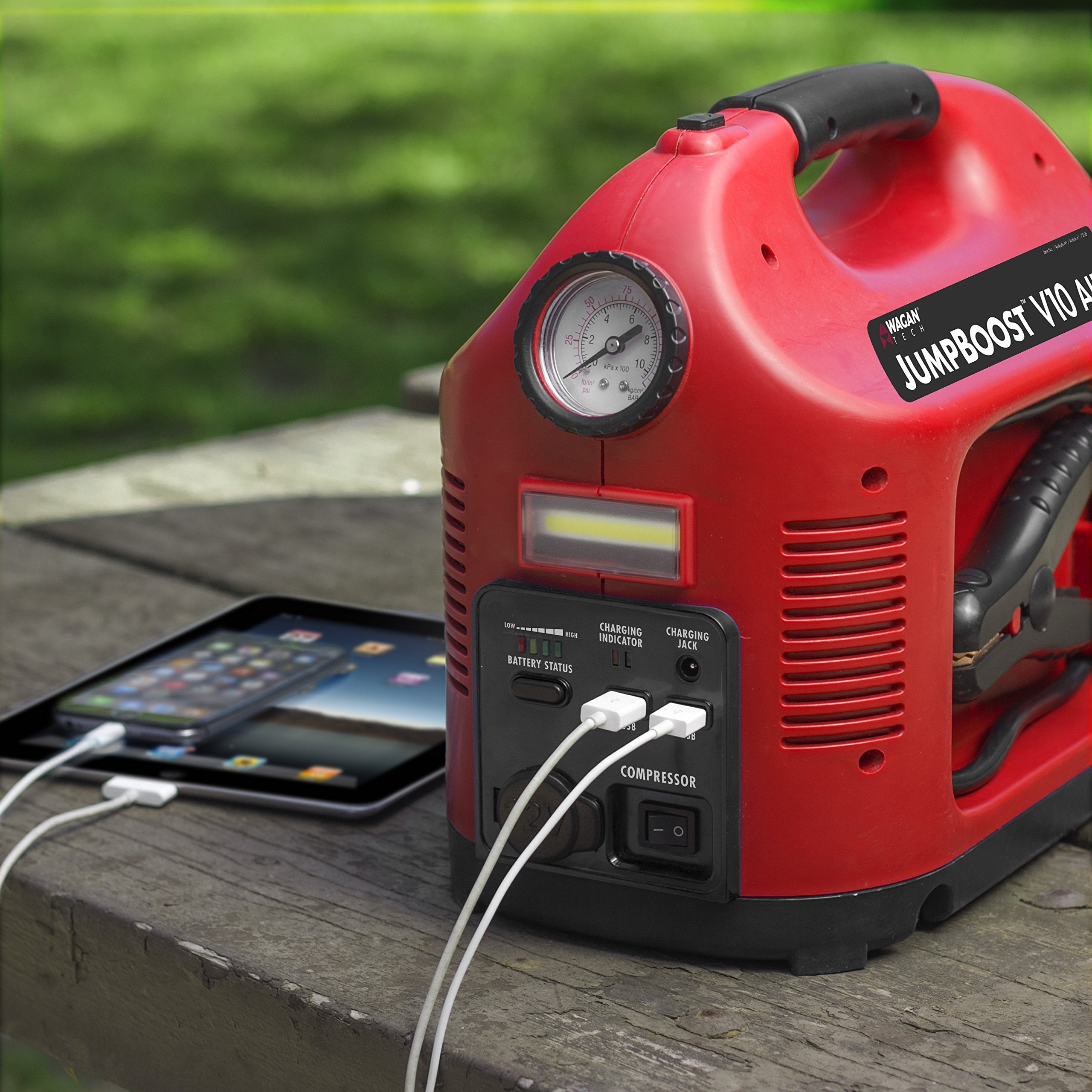 Wagan Jumpboost EL7556 V10 Air 1200 Peak Amps 12V Jump Starter with 150 PSI Powerful Air Compressor Tire Inflator, 1 Built-in DC Socket and 2A USB Port, Work Light