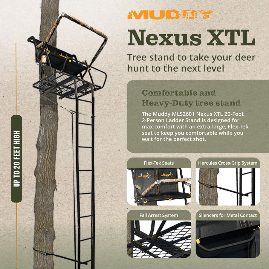 2-Person MUDDY Nexus XTL Steel Ladder Tree Stand, 20 ft Tall, 500 lb Capacity - Heavy-Duty Hunting Treestand with Flex-Tek Seat, Footrest, Padded Shooting Rail, Cup Holders & Safety Hooks
