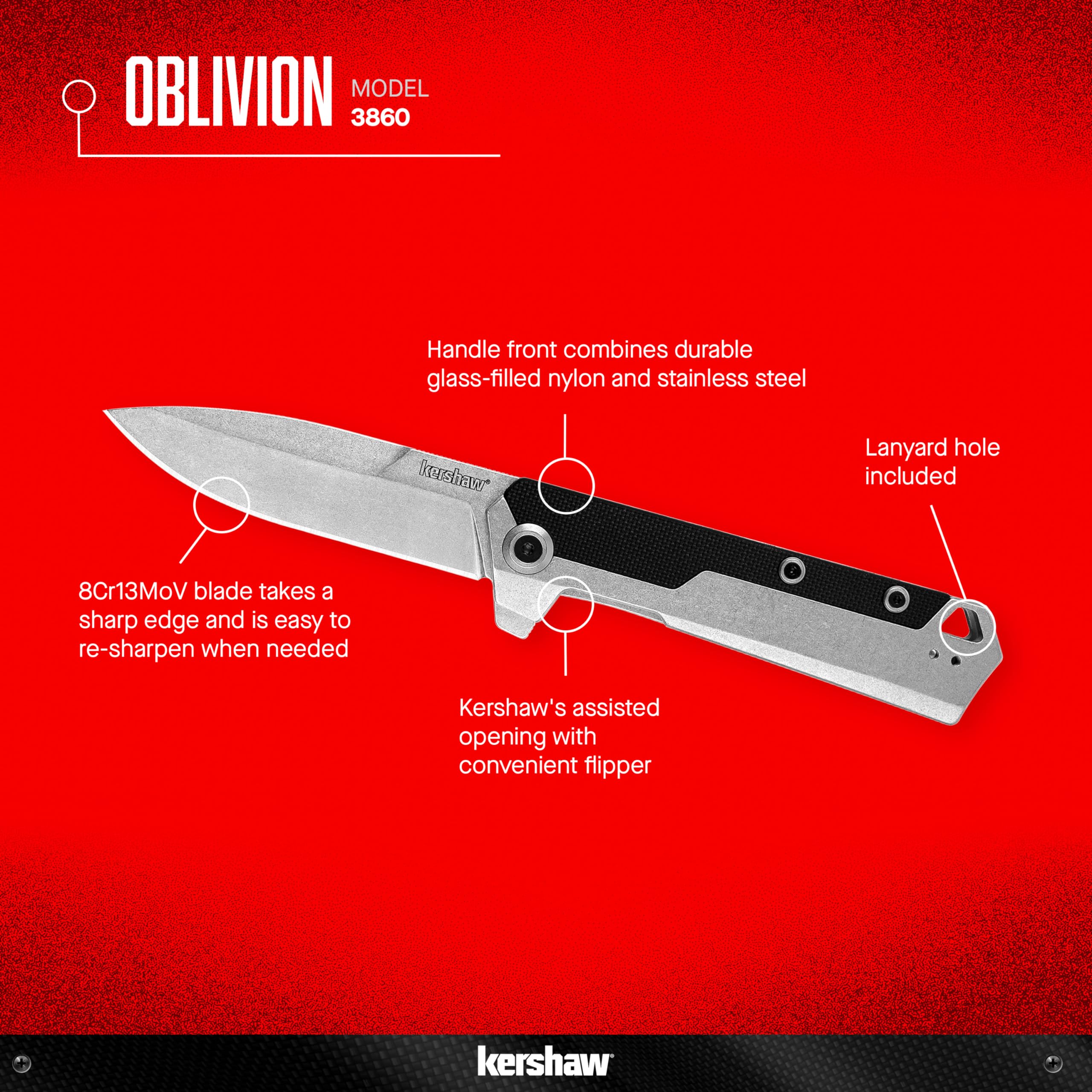 Kershaw Pocket Knife Oblivion, Black and Gray Design, 3.5 Inch Stainless Steel Drop Point Blade, EDC with Assisted Opening, Reversible Deep Pocketclip, Everyday Carry Pocket Knife for Men and Women