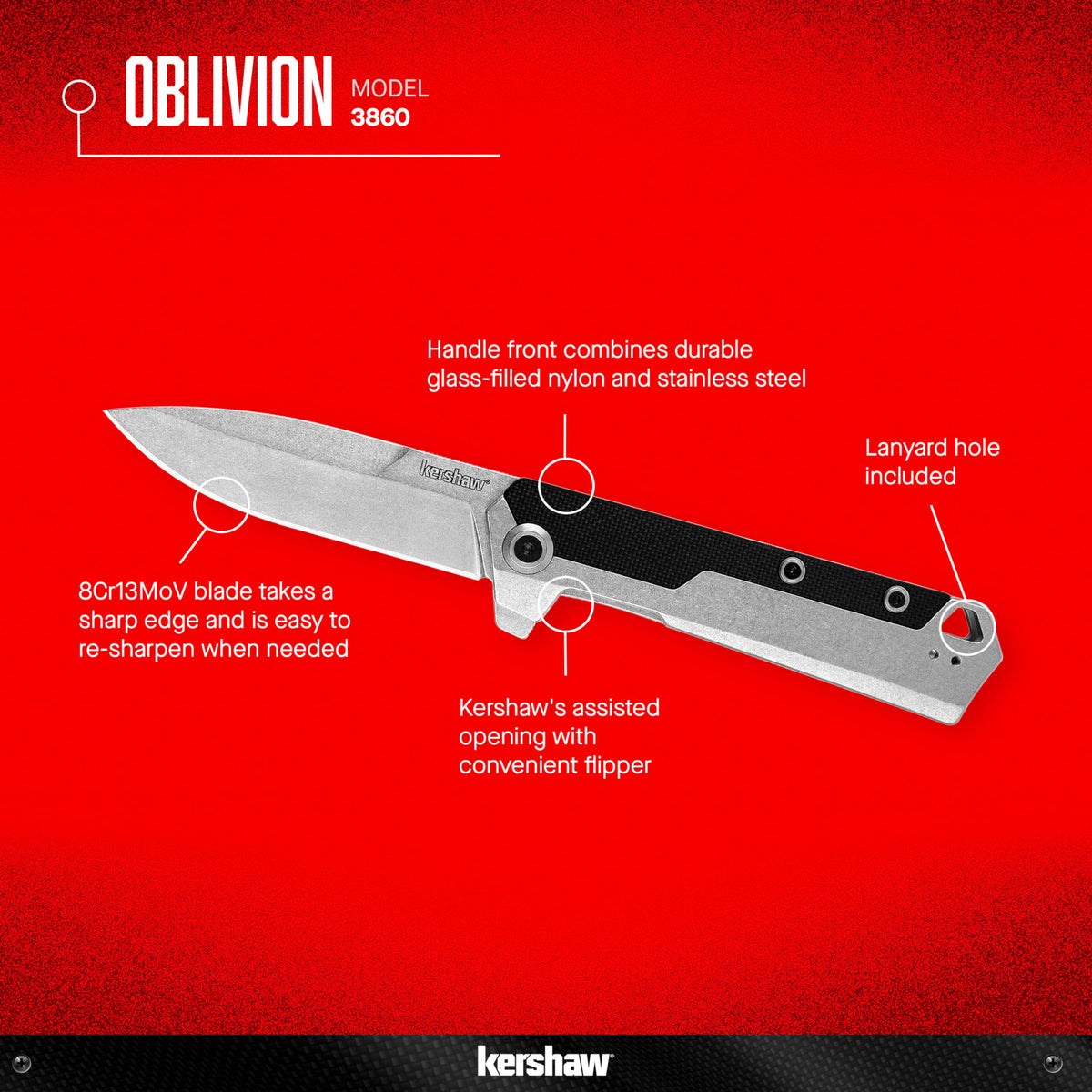 Kershaw Pocket Knife Oblivion, Black and Gray Design, 3.5 Inch Stainless Steel Drop Point Blade, EDC with Assisted Opening, Reversible Deep Pocketclip, Everyday Carry Pocket Knife for Men and Women