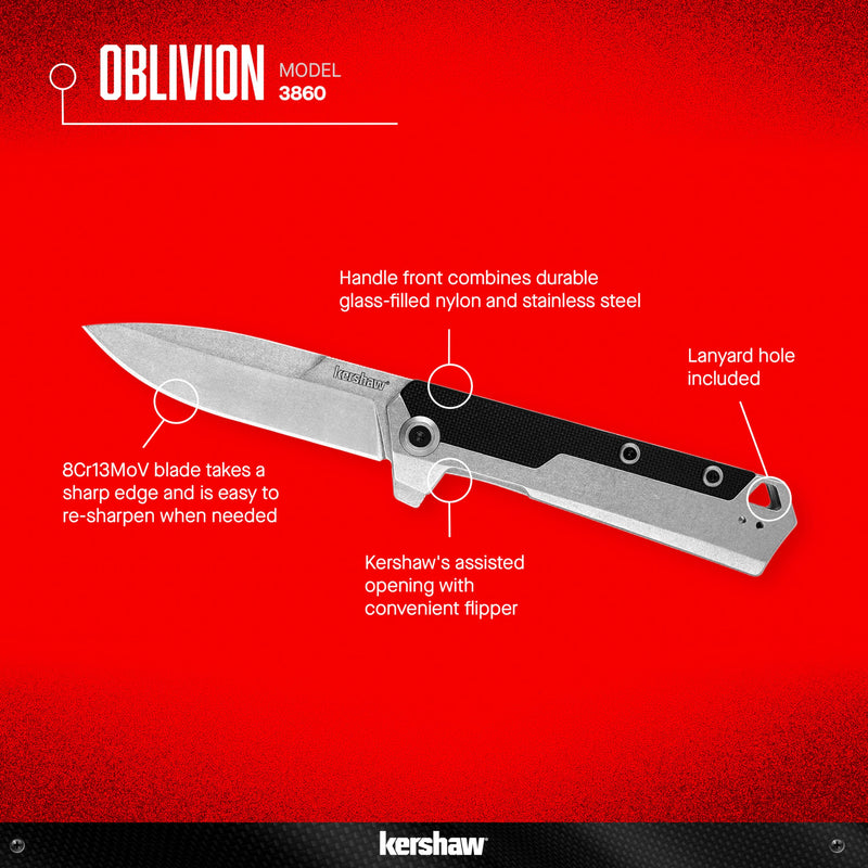 Kershaw Pocket Knife Oblivion, Black and Gray Design, 3.5 Inch Stainless Steel Drop Point Blade, EDC with Assisted Opening, Reversible Deep Pocketclip, Everyday Carry Pocket Knife for Men and Women