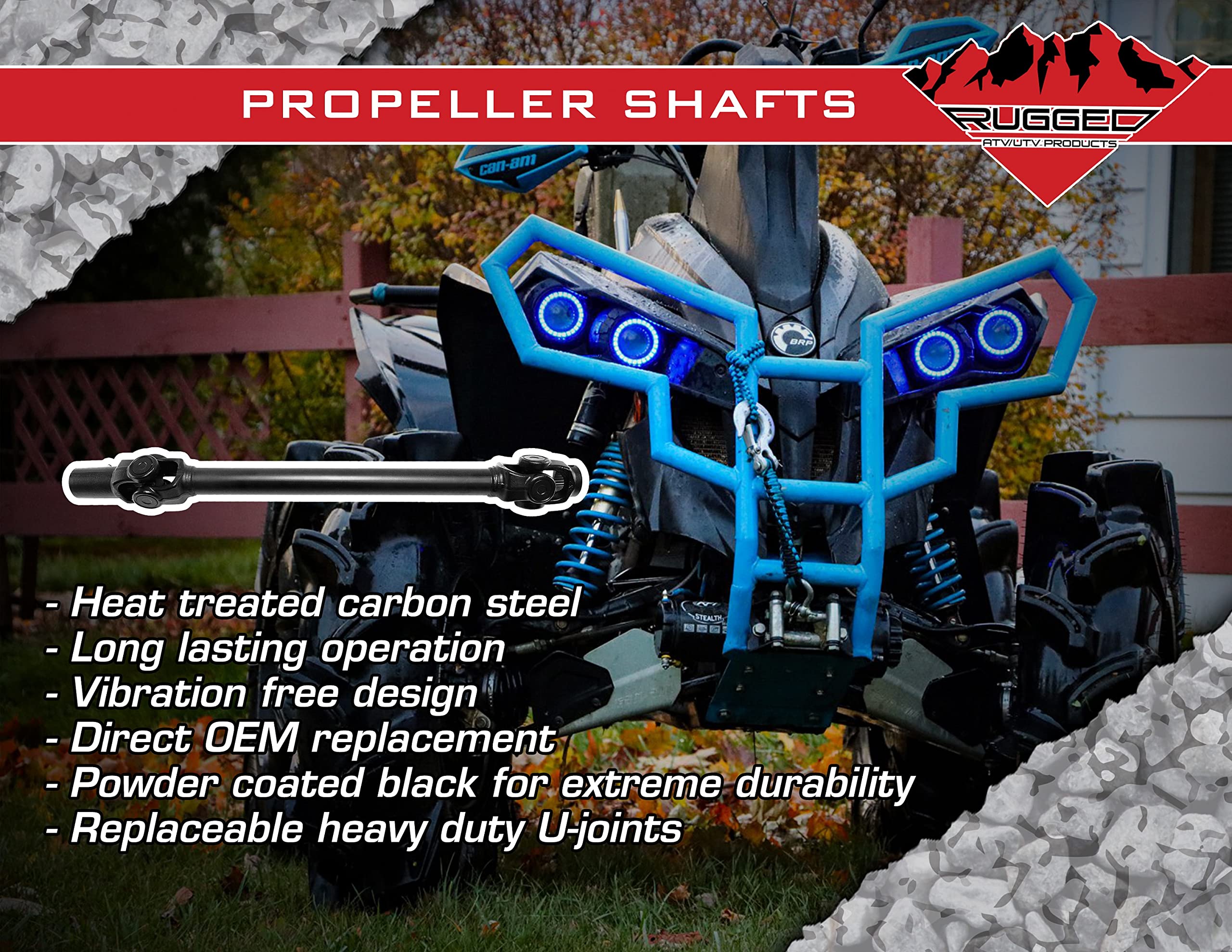 Front Rugged Propeller Shaft for (2015-16) Polaris Ranger ETX, in Heat Treated Carbon Steel & Powder Coated Black Shafts for Extreme Durability, U-Joints with Greased Fittings OEM: 1333244