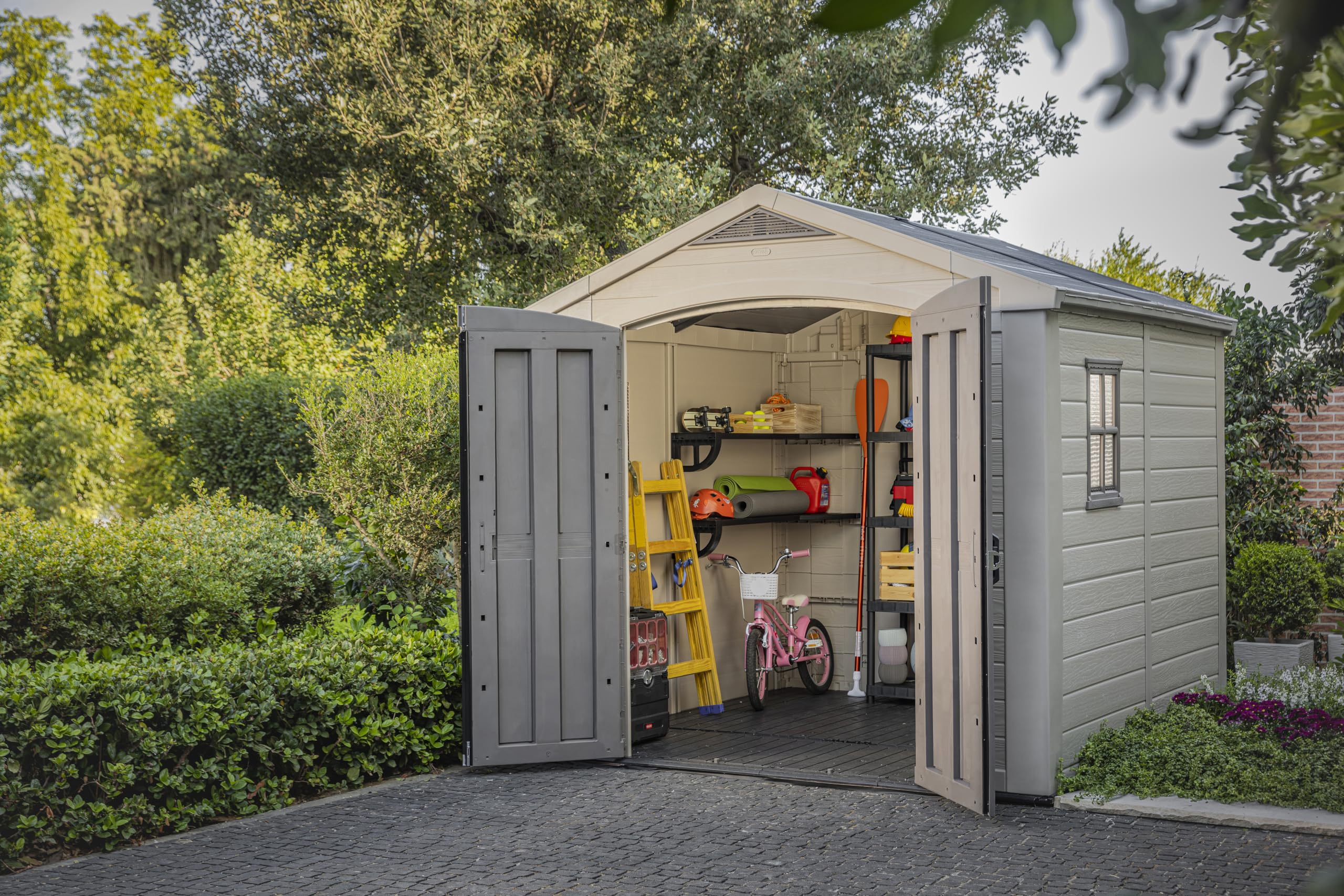 Keter 8x8 Foot Factor Large Resin Outdoor Shed with Floor for Patio Furniture, Lawn Mower, and Bike Storage, Taupe & Brown
