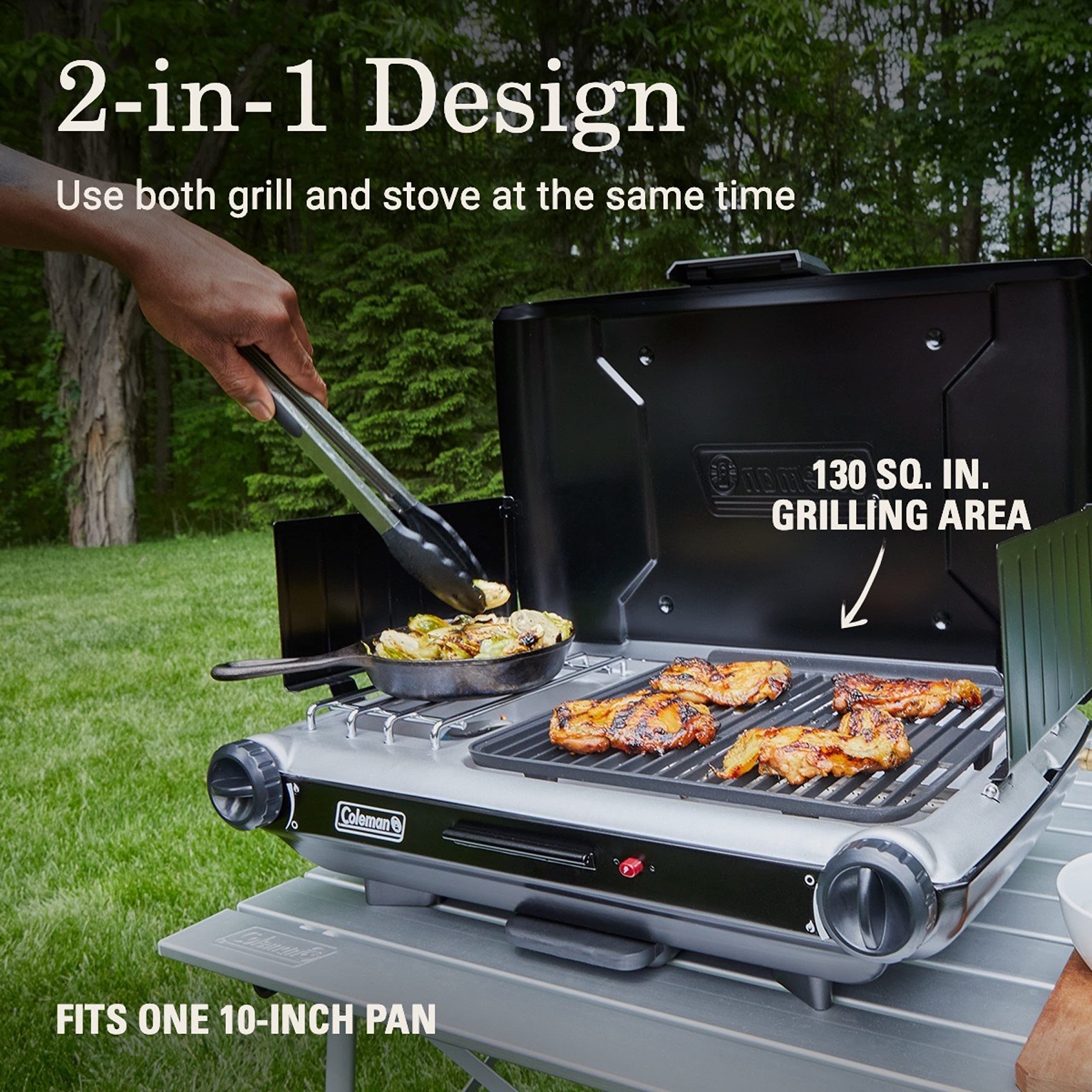 Coleman 2-in-1 Tabletop Grill & Stove with 2 Adjustable Burners, Propane Grill/Stove with Push-Button Starter, Wind Guards, Grease Tray, & 20,000 BTUs of Power for Camping, Tailgating, & More