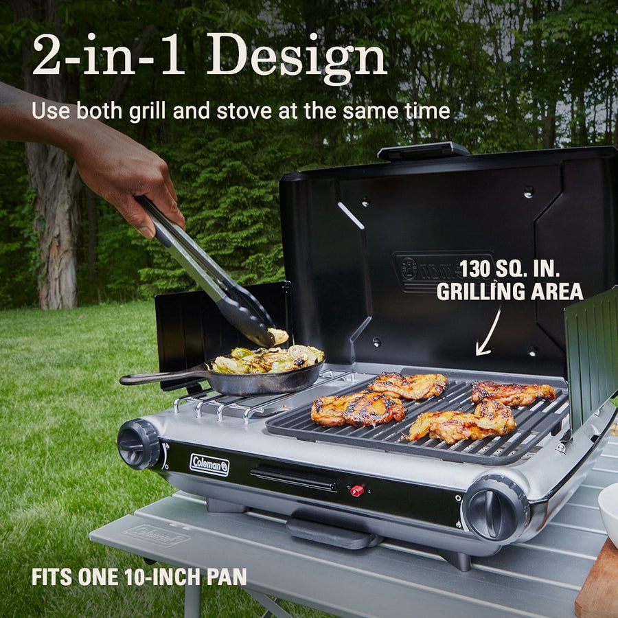 Coleman 2-in-1 Tabletop Grill & Stove with 2 Adjustable Burners, Propane Grill/Stove with Push-Button Starter, Wind Guards, Grease Tray, & 20,000 BTUs of Power for Camping, Tailgating, & More
