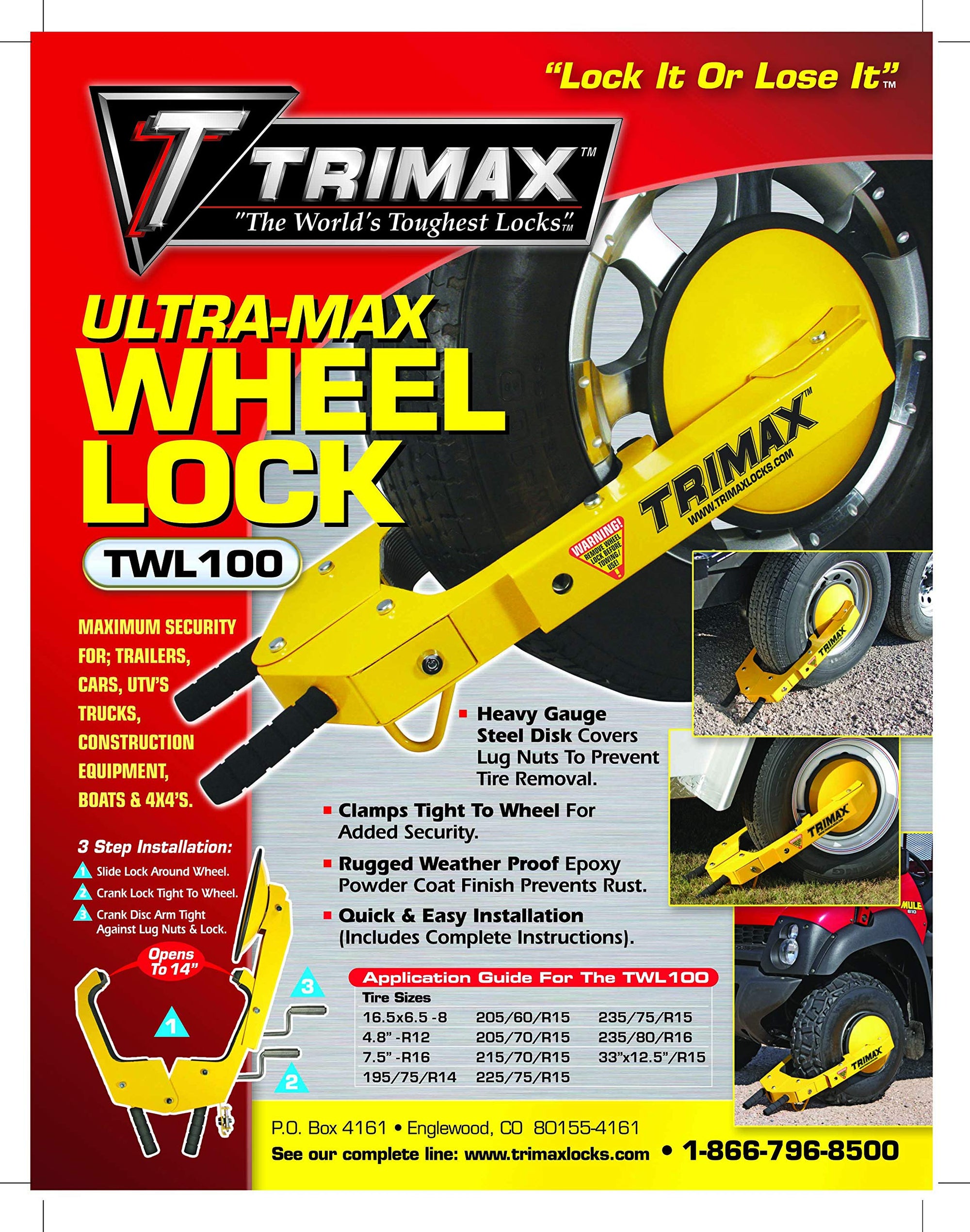 Ultra-Max Trimax TWL100 Adjustable Wheel Lock, Yellow/Black