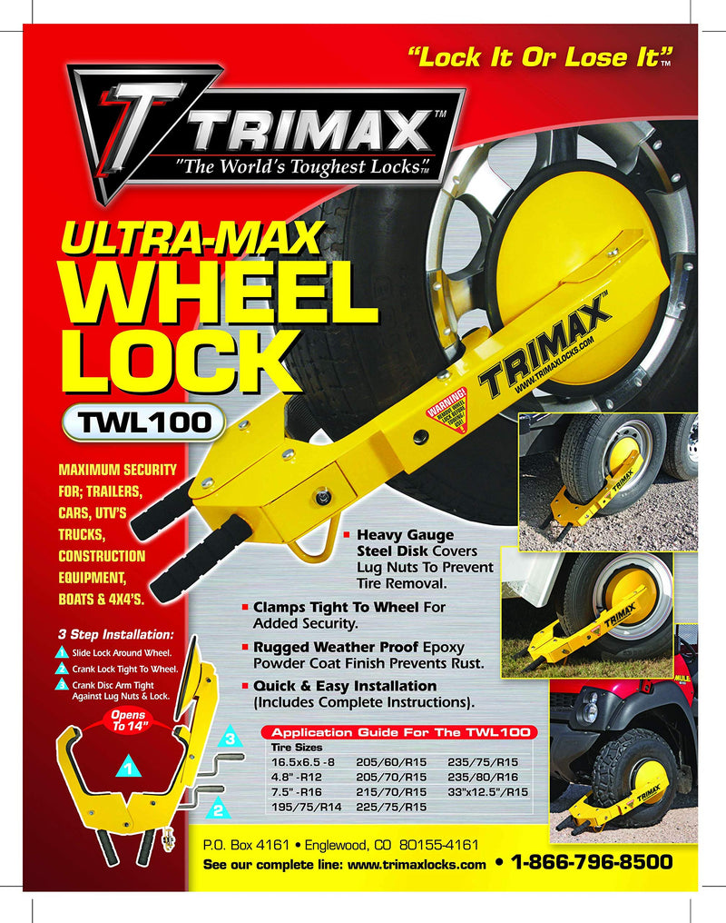 Ultra-Max Trimax TWL100 Adjustable Wheel Lock, Yellow/Black
