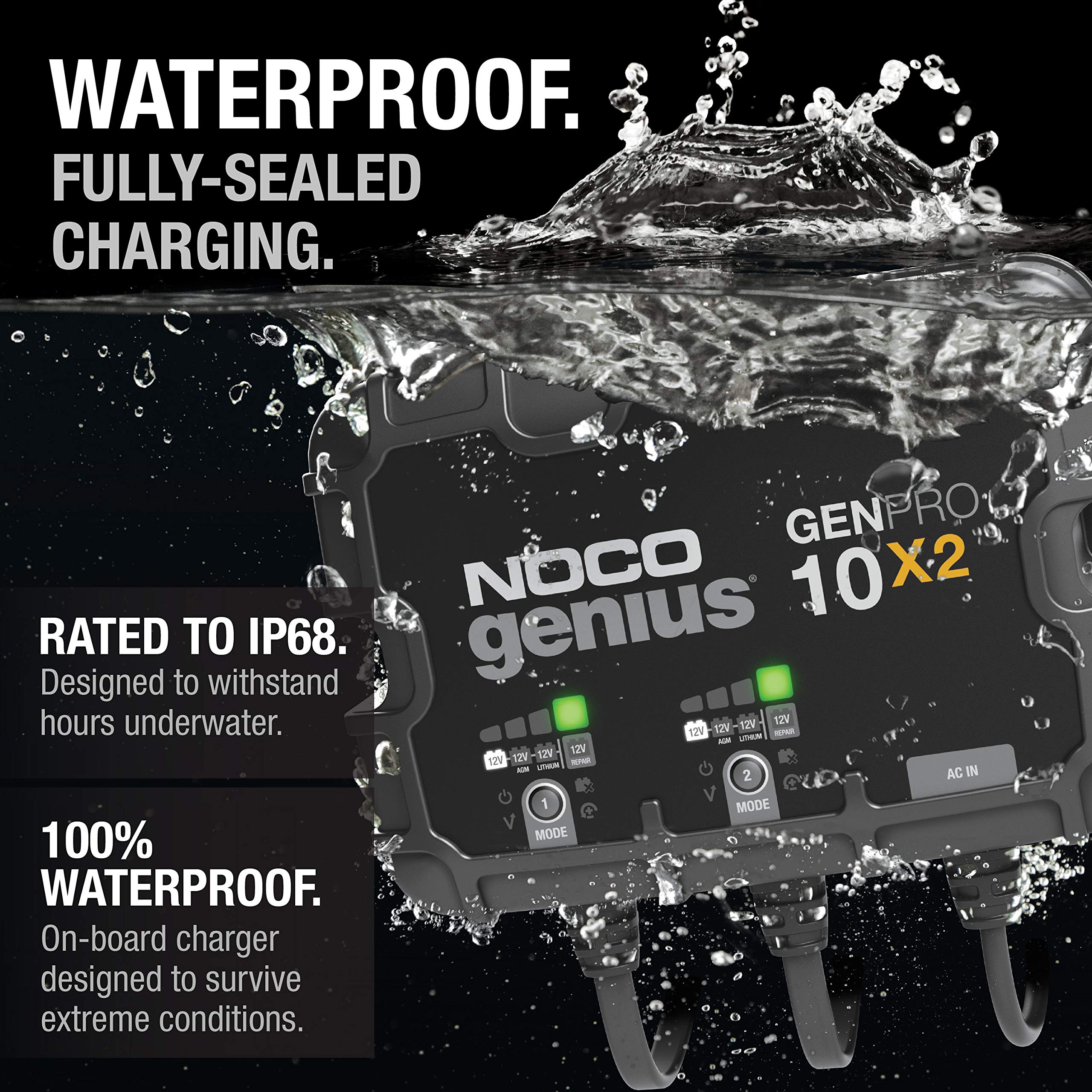 GENPRO10X2 NOCO Genius: 2-Bank, 20A Onboard Battery Charger - 10A Per Bank, 12V Waterproof Marine Charger with Overcharge Protection & Temperature Compensation – for Lead-Acid & Lithium Batteries