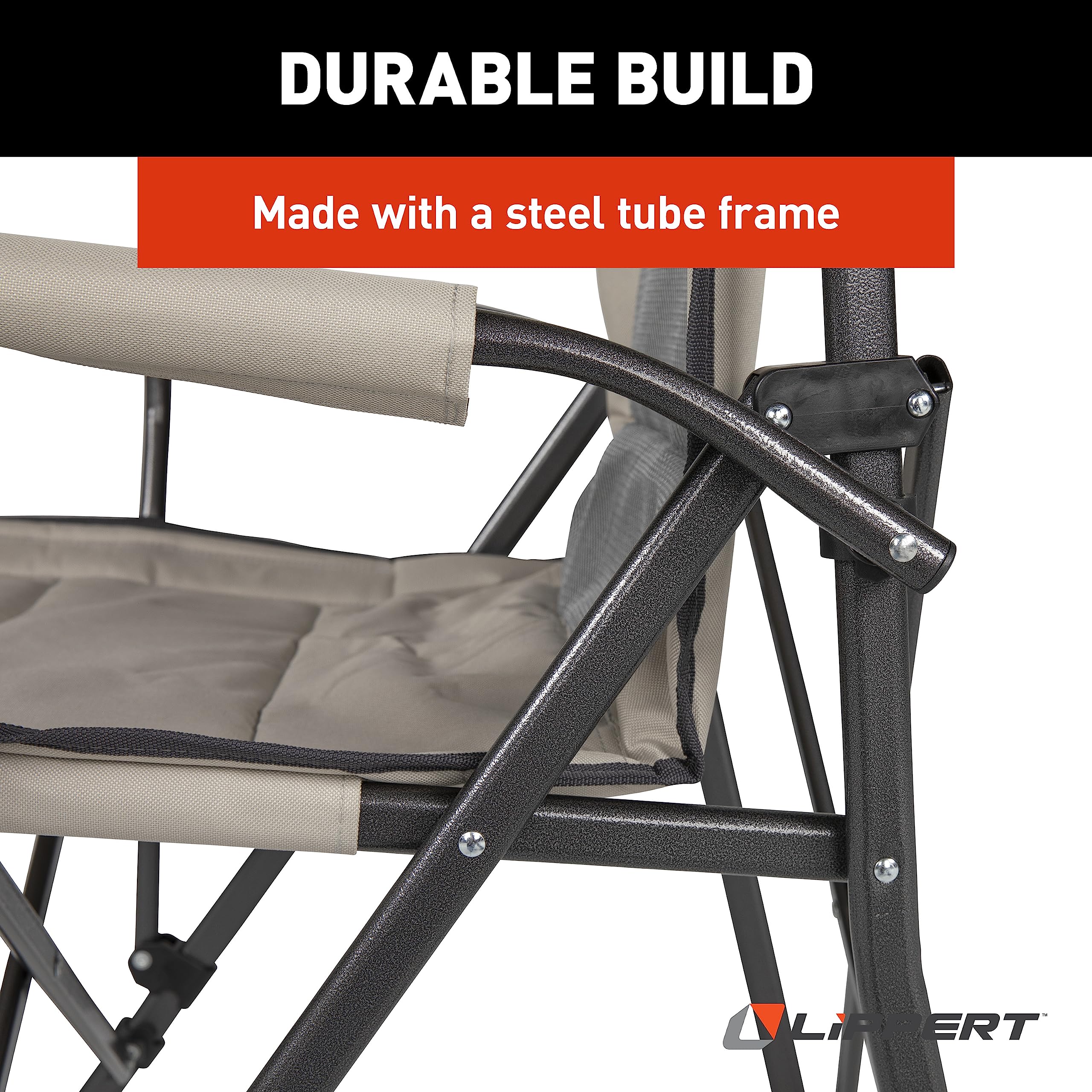 Lippert Components Outdoor Scout Folding Chair for Camping, Foldable, Steel Tube Frame, 600D Polyester, UV and Water Resistant PVC Coating, 500 lb. Weight Capacity, Sand - 2021123277