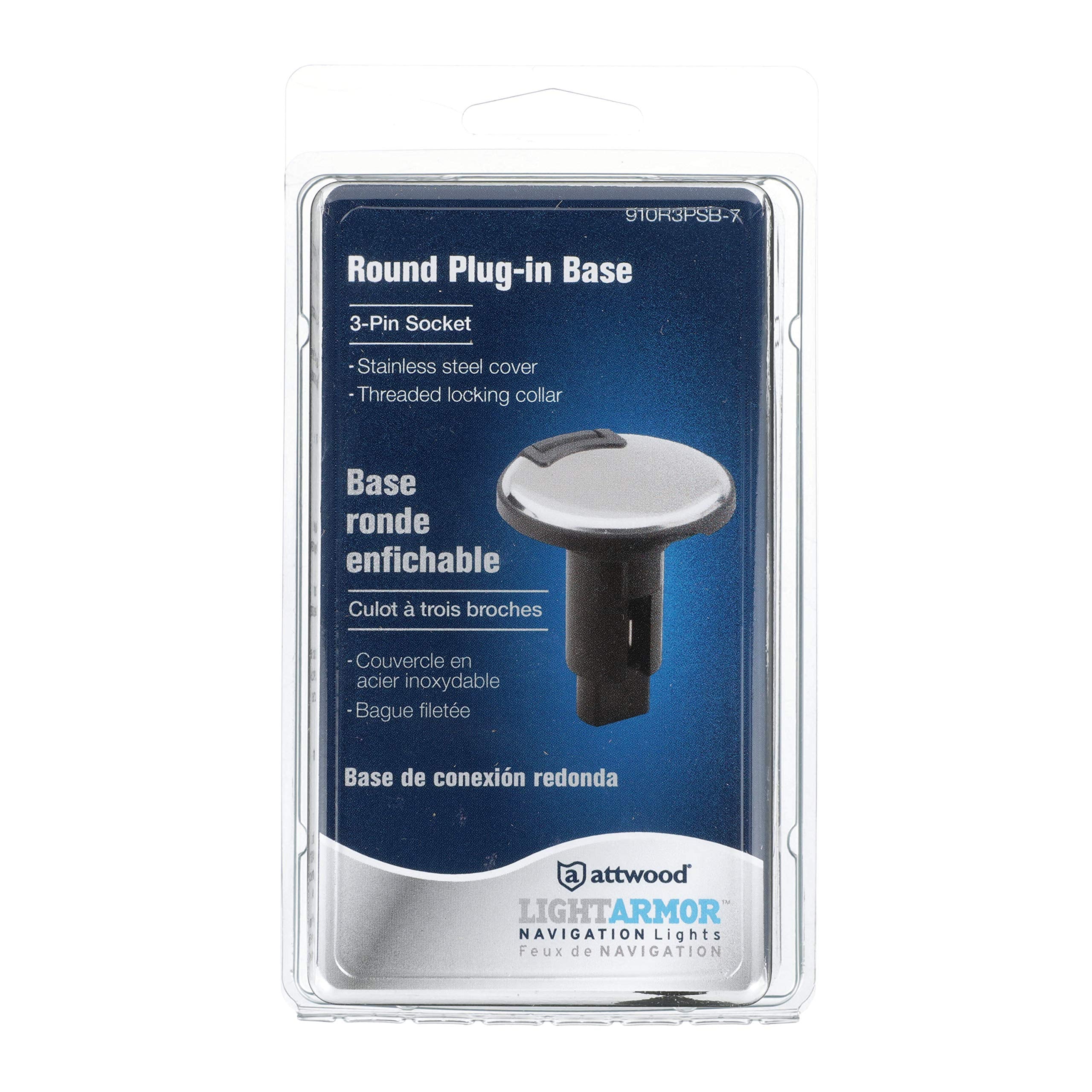 LightArmor™ 910R Series Attwood Round Plug-in Light Base — for All-Around Pole Light, 3-Pin, Black Stainless Cover