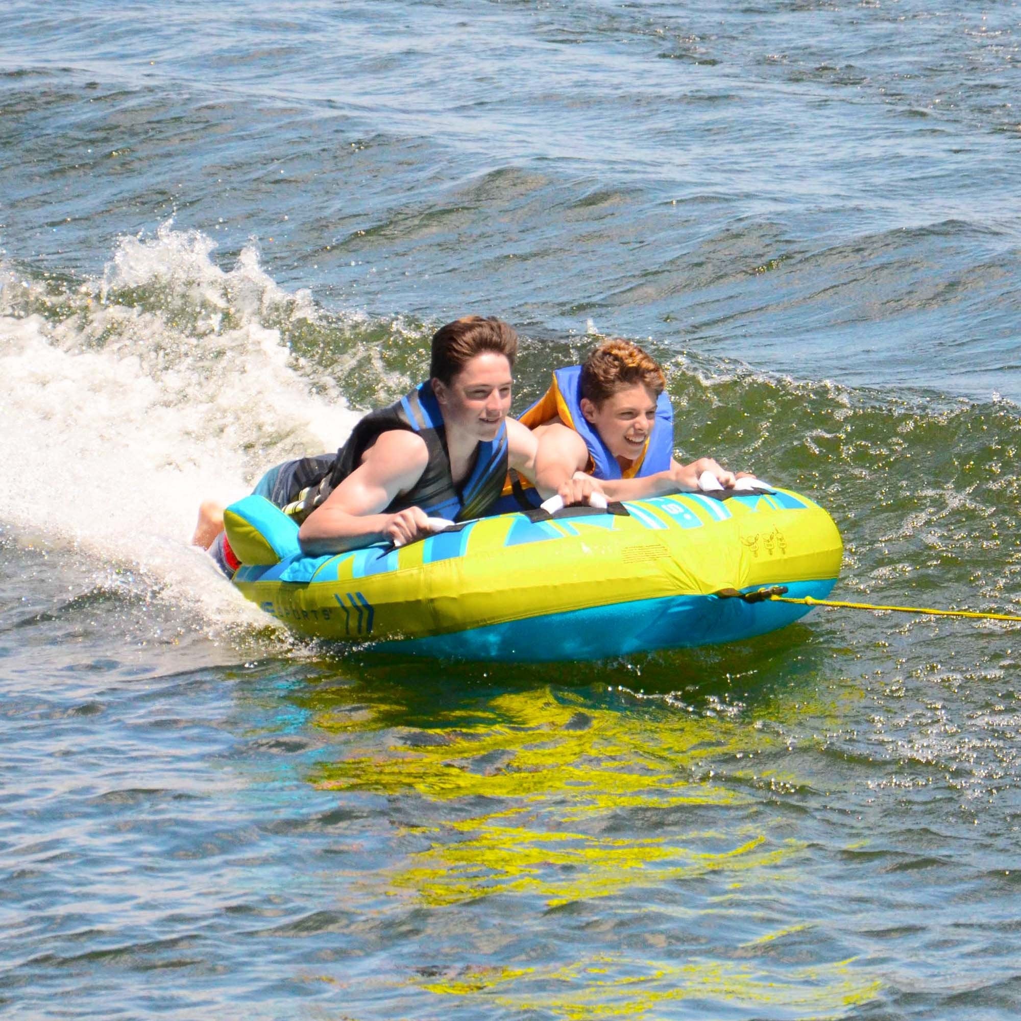 Cutter RAVE Sports Inflatable Towable Tube, 1-2 Riders, Leg Bumpers for Safety, Foam-Filled Reinforced Handles, Quick Connect Tow Point, Deep Water Boarding Strap, Boat Tubes and Towables