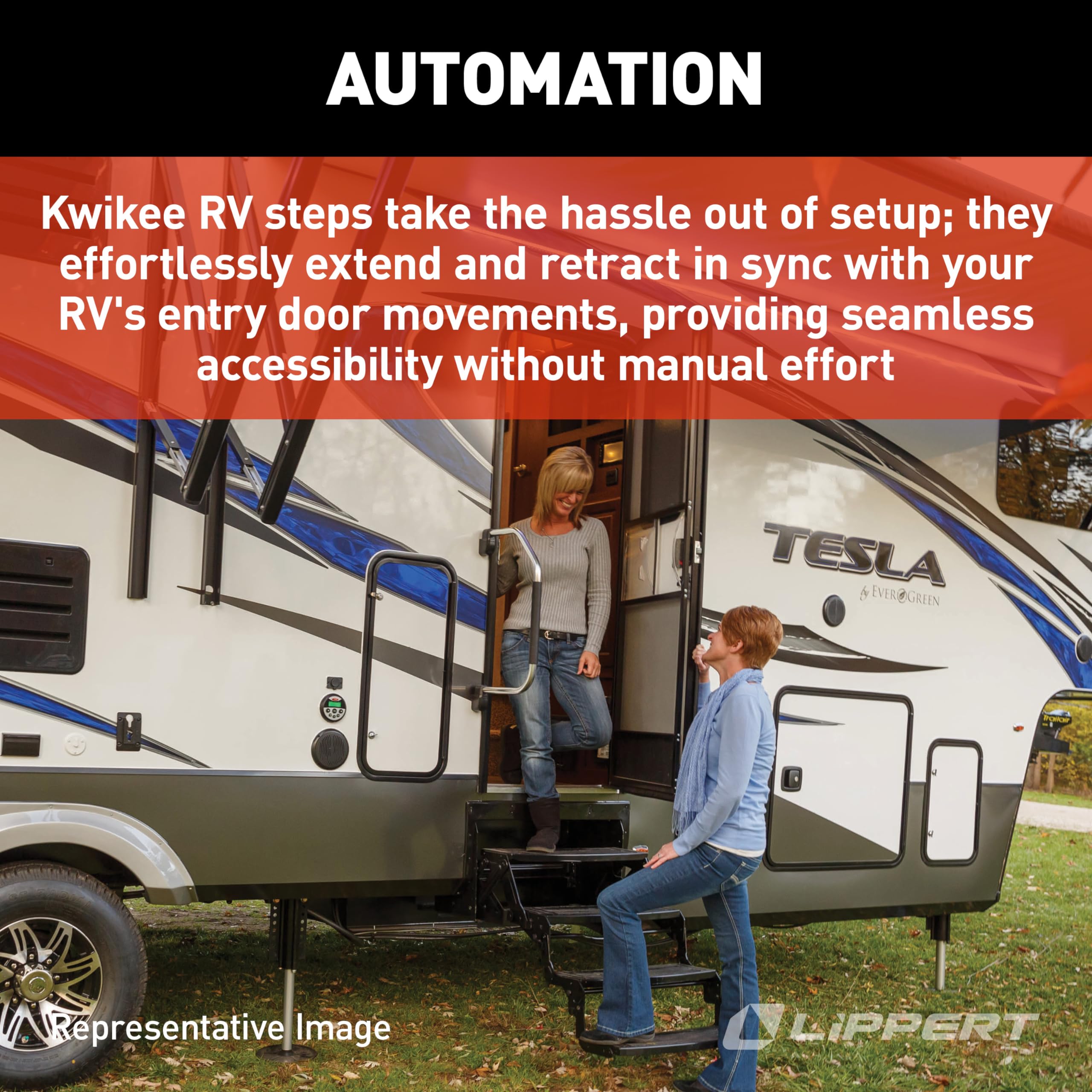Lippert Double Tread Platinum Series Electric RV Steps — Automatically Extending RV Travel Trailer Steps — Heavy-Gauge Steel — 24" Wide Treading — Non-Slip Surace — 12V Motor — 372558