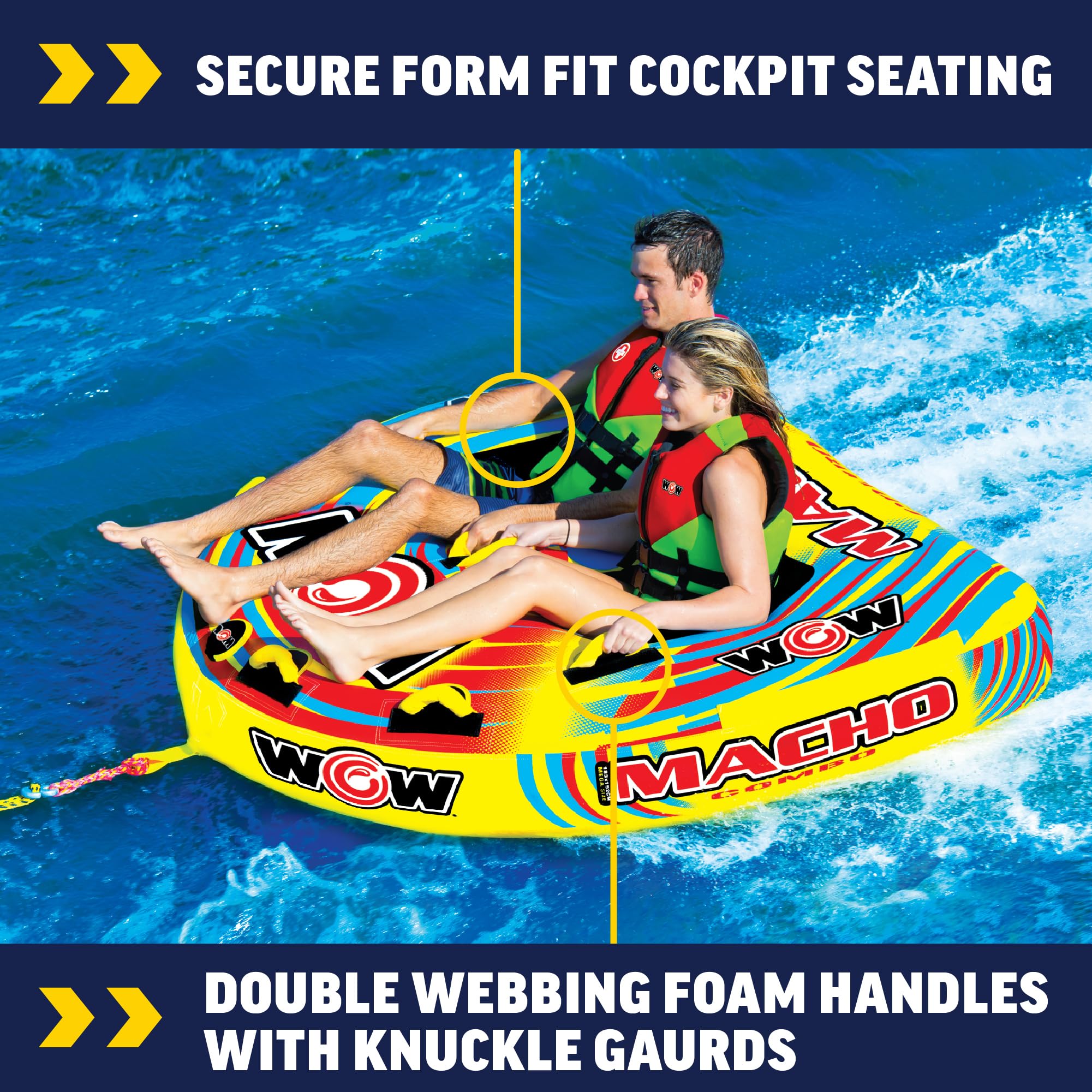 Macho Combo WOW Sports Towable Tubes for Boating, Accessories for Tubing, Water Tube for Boats - Double Seater 2 Person 340 lbs Capacity