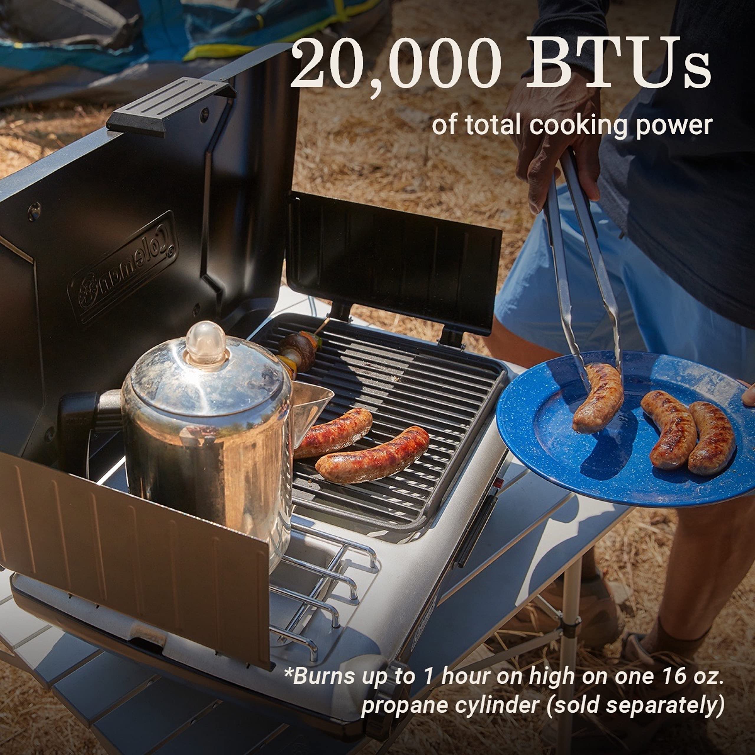 Coleman 2-in-1 Tabletop Grill & Stove with 2 Adjustable Burners, Propane Grill/Stove with Push-Button Starter, Wind Guards, Grease Tray, & 20,000 BTUs of Power for Camping, Tailgating, & More