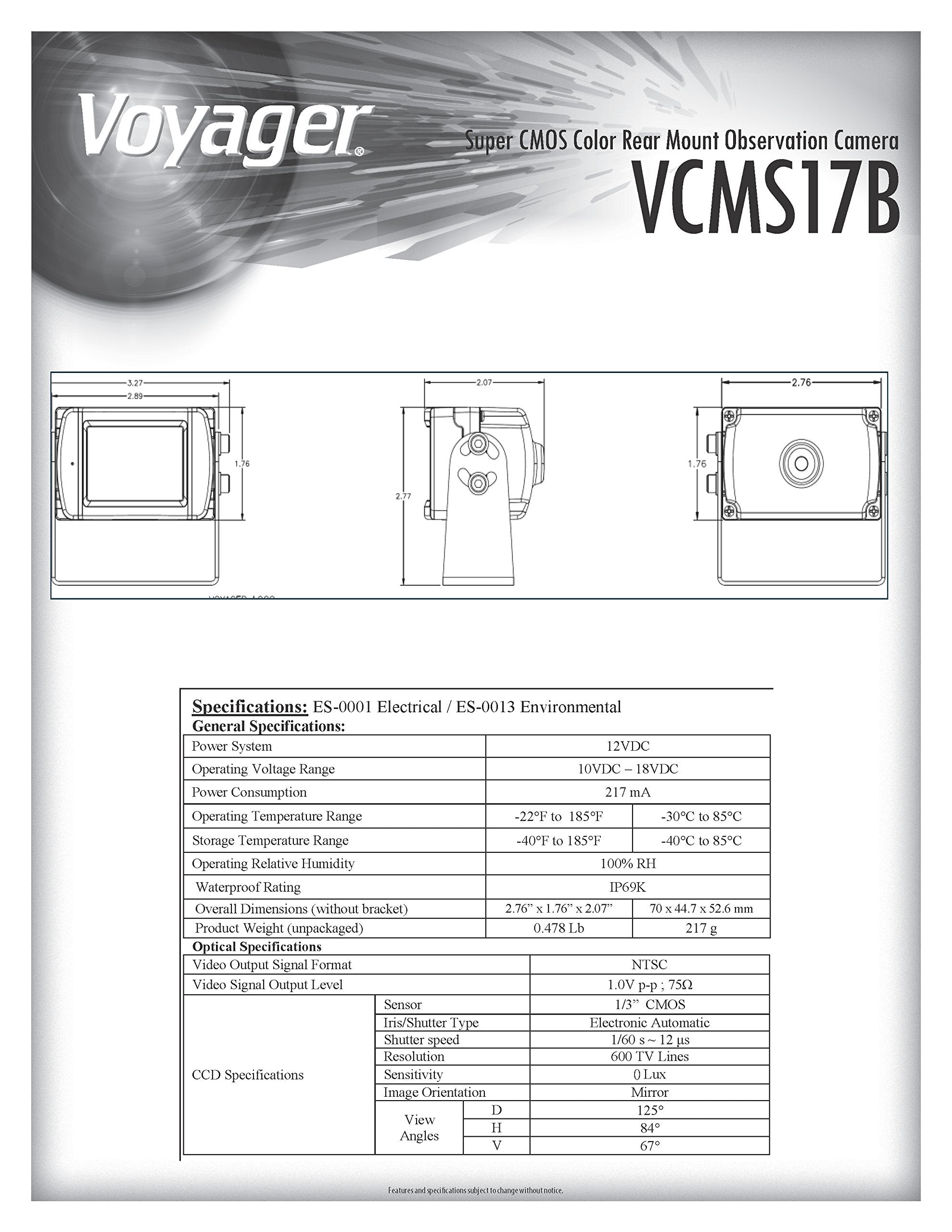 Super CMOS Color Voyager VCMS17B Rear Mount Observation Camera with LED Low-Light Assist, Built-in Microphone, Black