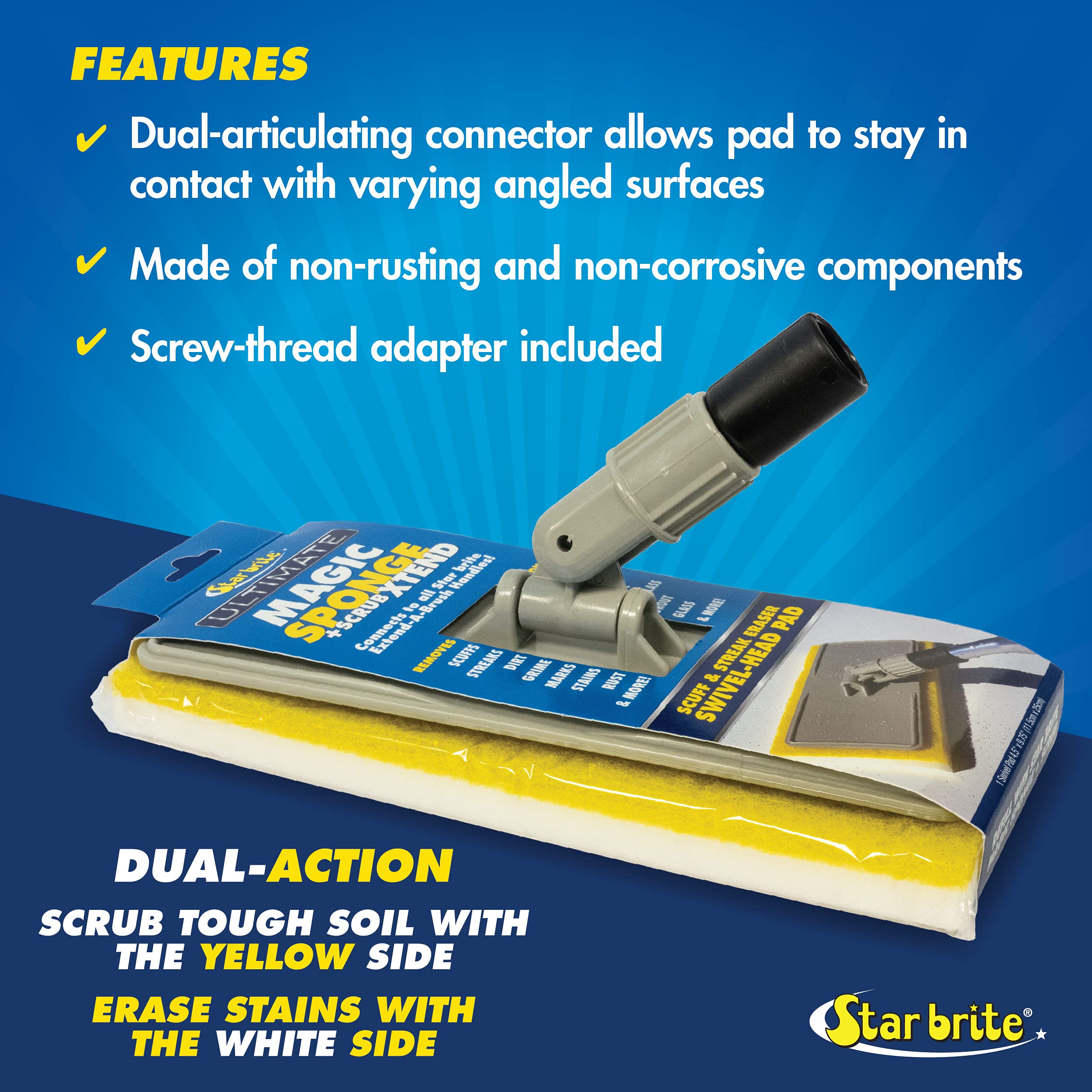 Ultimate Magic Sponge STAR BRITE + Scrub XTEND - Dual Articulating Flex Head, Ideal for Pool, Spa, RV, Boat, and Home, Connects to Extend-A-Brush Handles (041010)