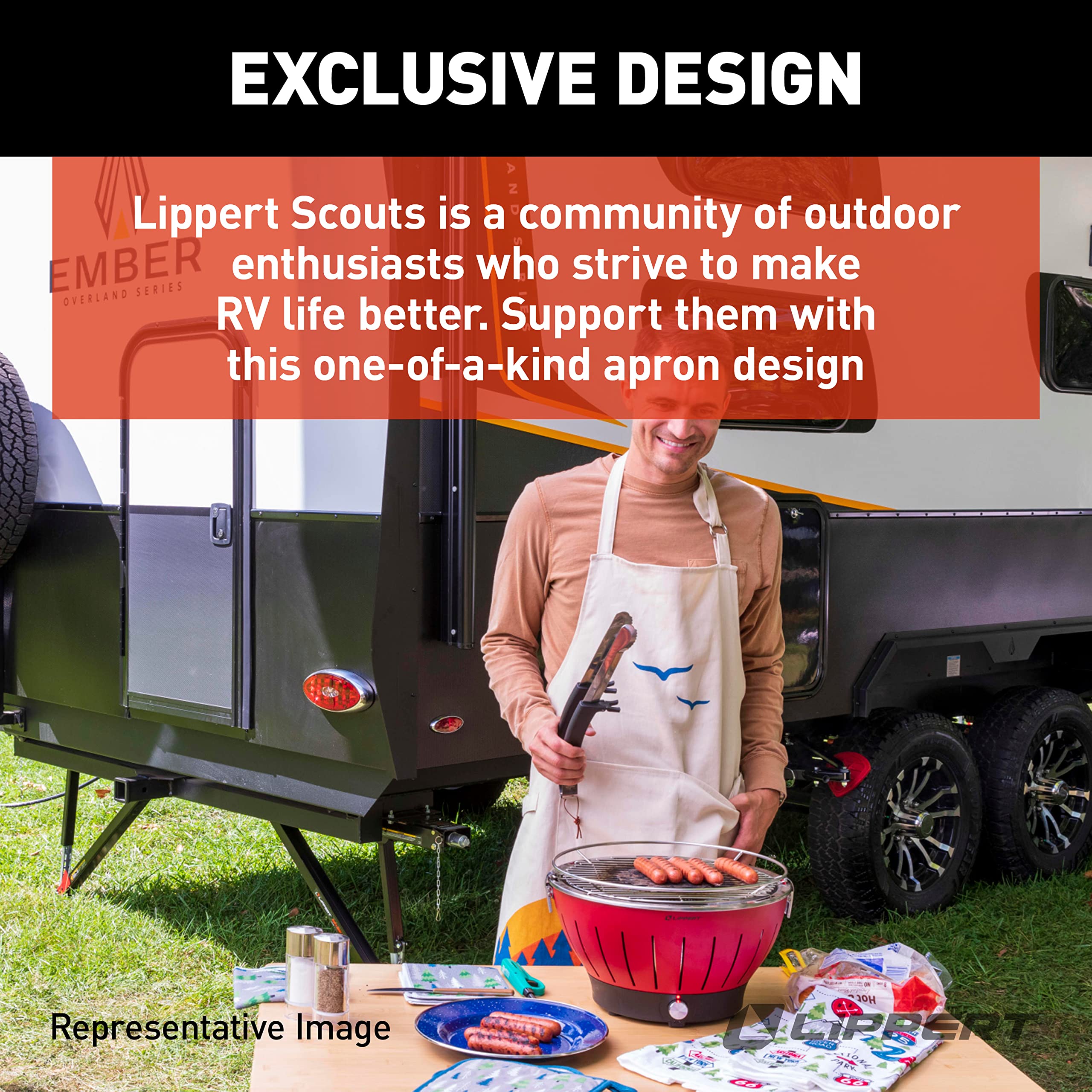 Scouts Lippert™ Apron – Perfect for cooking, grilling, cleaning, gardening, crafting – Comfortable and durable cotton twill material – Three storage pockets and towel loop for convenience – 2022107842