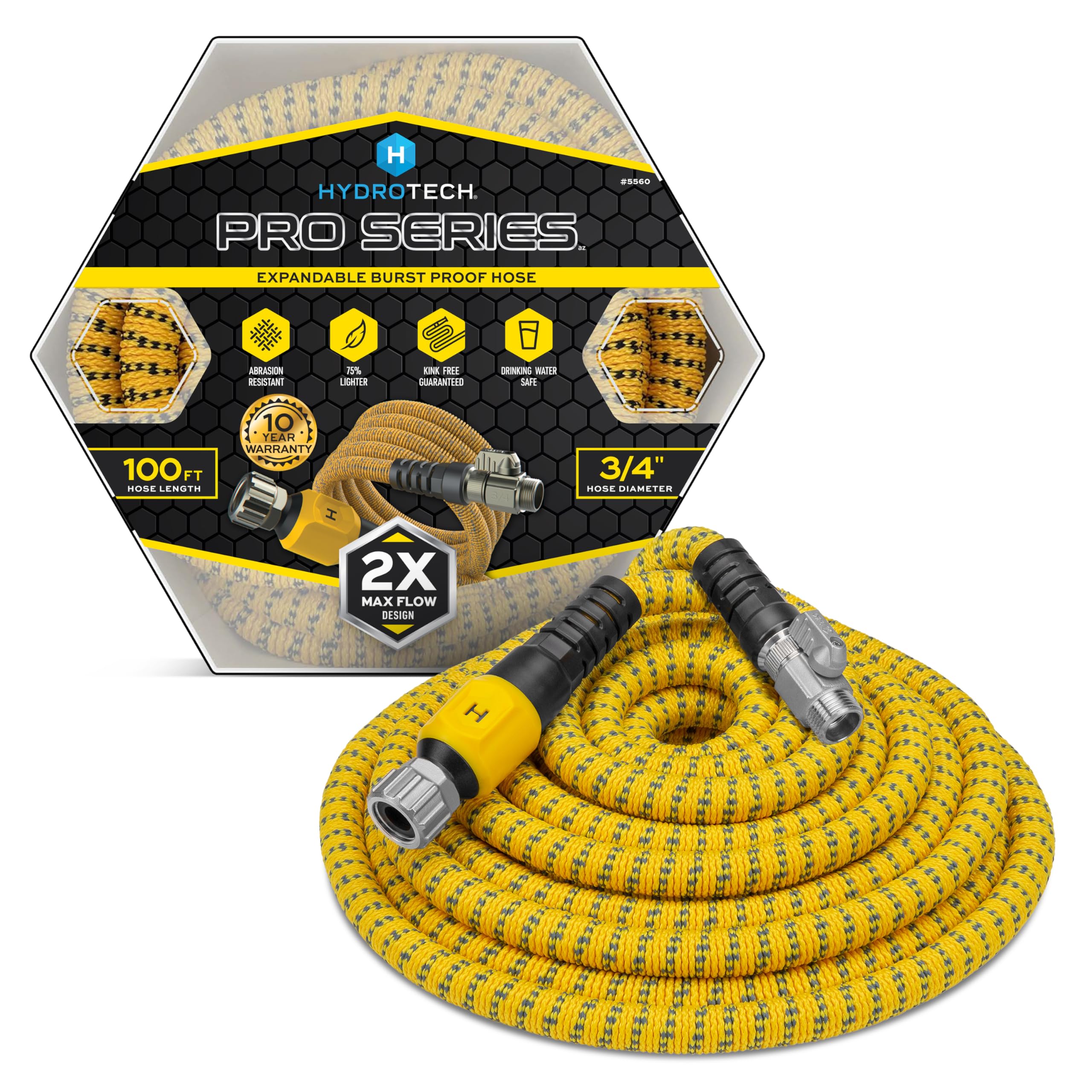 100 ft HydroTech Expandable Garden Hose - Pro Series, 2x Max Flow, 3/4" No-Kink Flexibility, Lightweight Hose for Lawn, Garden, Car Washing, Deck and Patio Cleaning