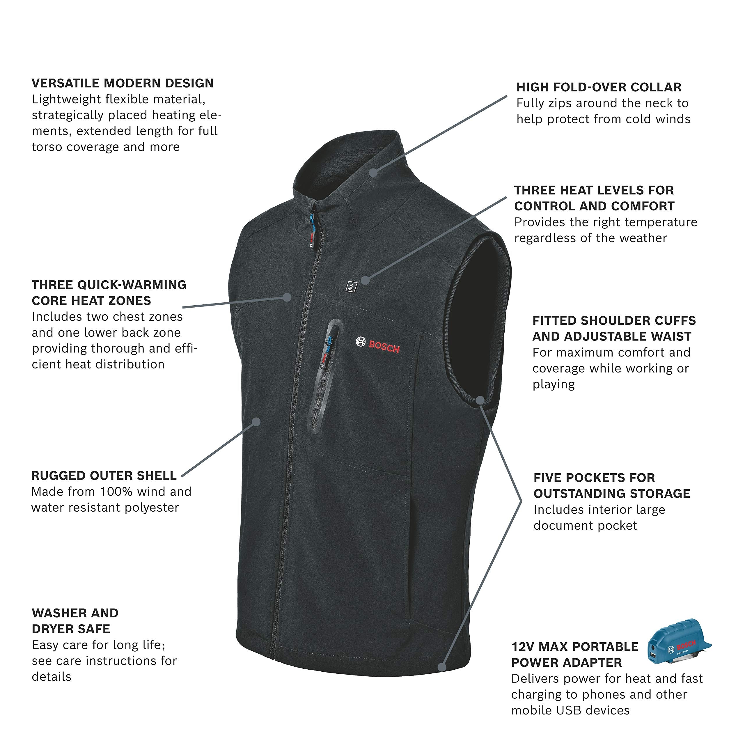 Bosch 12V Max Heated Vest Kit GHV12V-20SN12 with Portable Power Adapter - Size Small