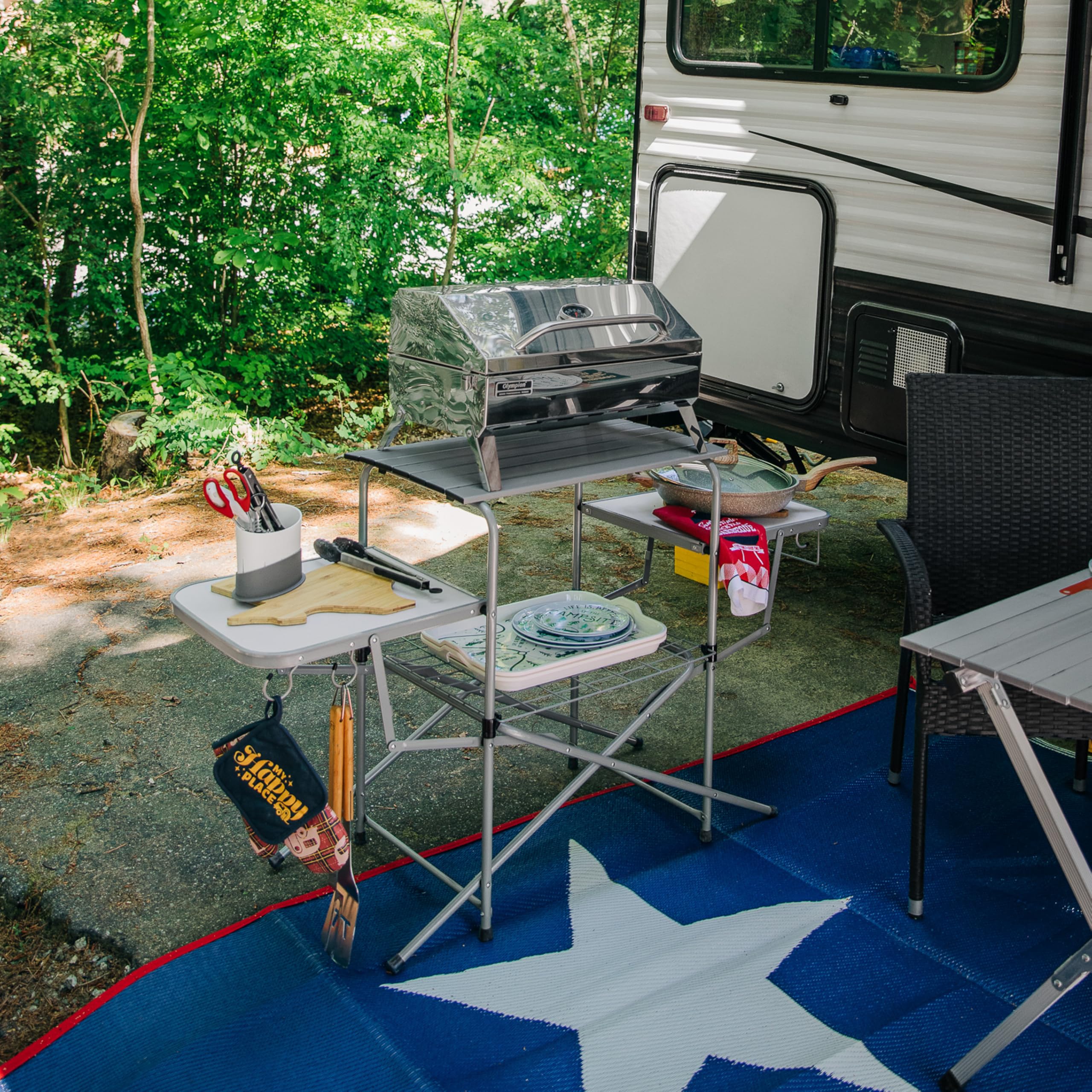 Camco Deluxe Olympian Portable Grill Table - Provides Plenty of Room for Grilling Gear While Camping - Folding Grilling Table Collapses for Compact Storage - Supports Up to 100lb (57293)