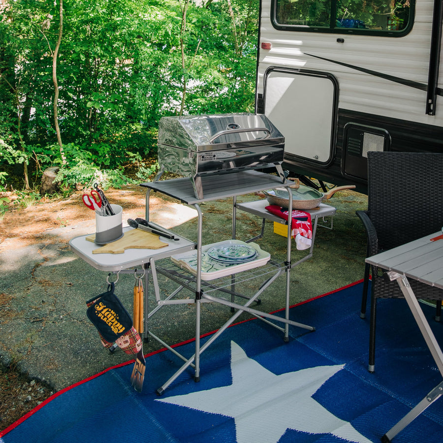 Camco Deluxe Olympian Portable Grill Table - Provides Plenty of Room for Grilling Gear While Camping - Folding Grilling Table Collapses for Compact Storage - Supports Up to 100lb (57293)
