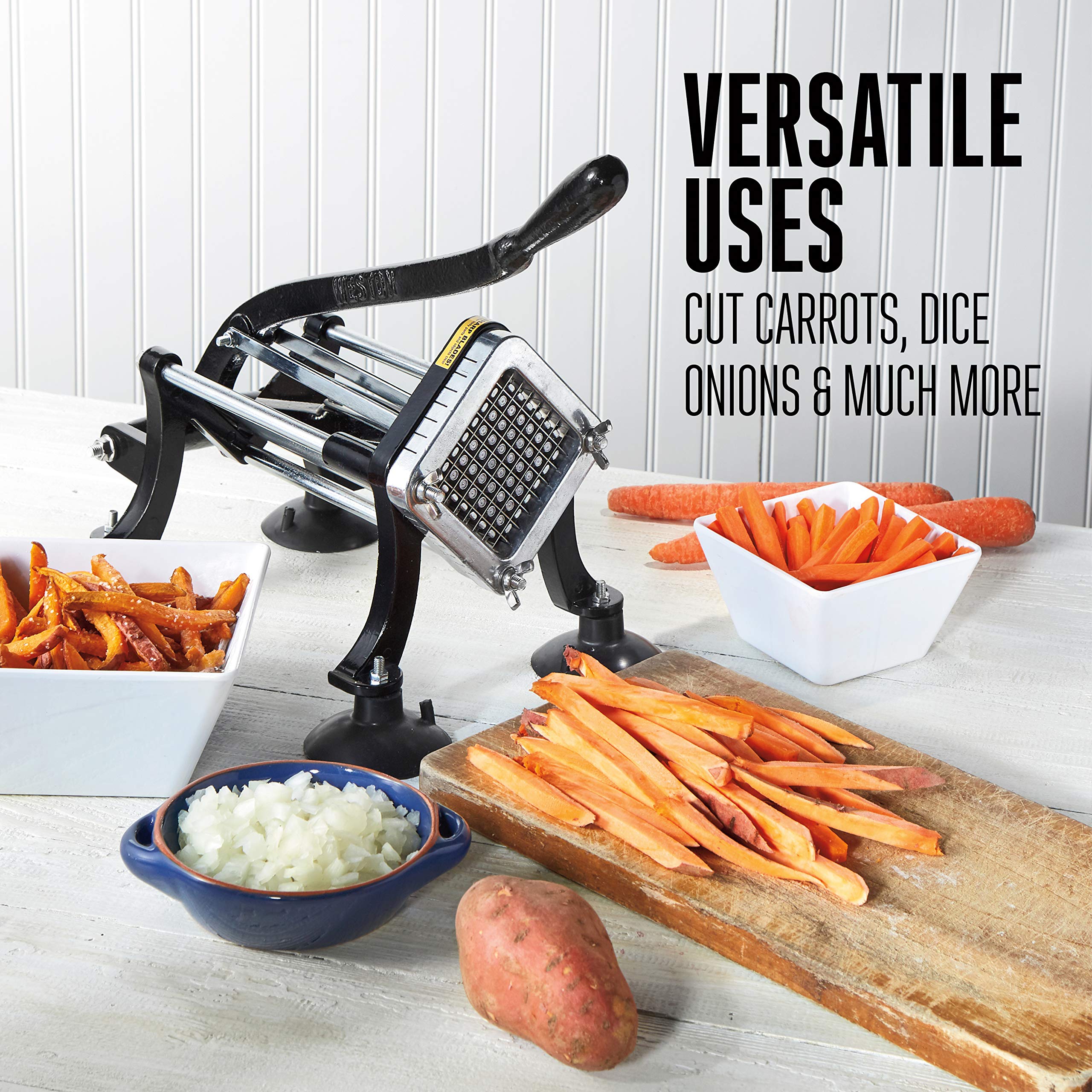 Weston French Fry Cutter Professional for Potatoes and Vegetable Dicer, 3/8” Stainless Steel Cutting Blade, Suction Cup and Wall-Mount Feet, Restaurant-Quality, Black (36-3550-W)
