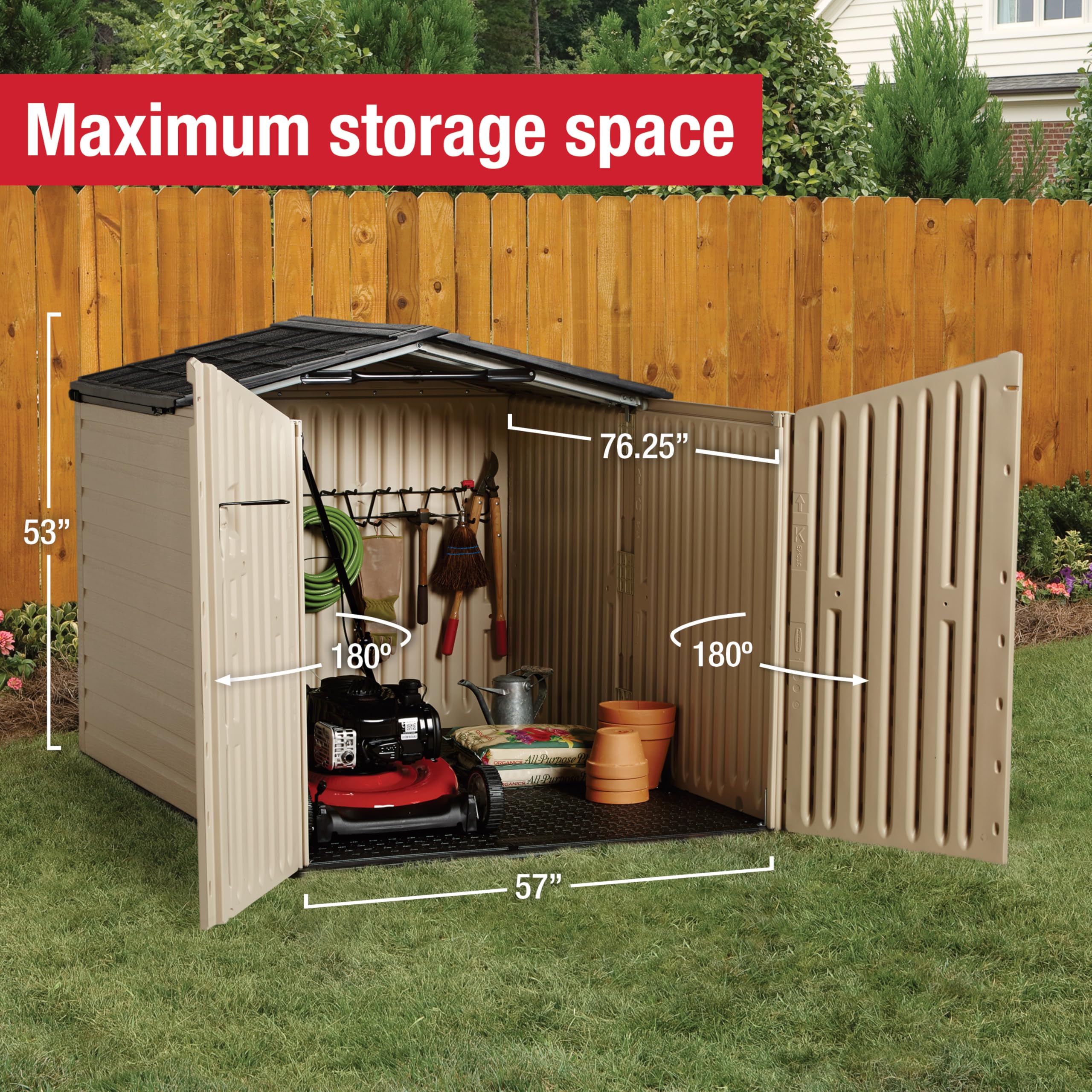 Slide-Lid Rubbermaid Resin Outdoor Storage Shed (5 x 6.5 Ft), Weather Resistant, Beige/Brown, Organization for Home/Backyard/Garden Tools/Lawn Mower/Bike Storage/Pool Supplies