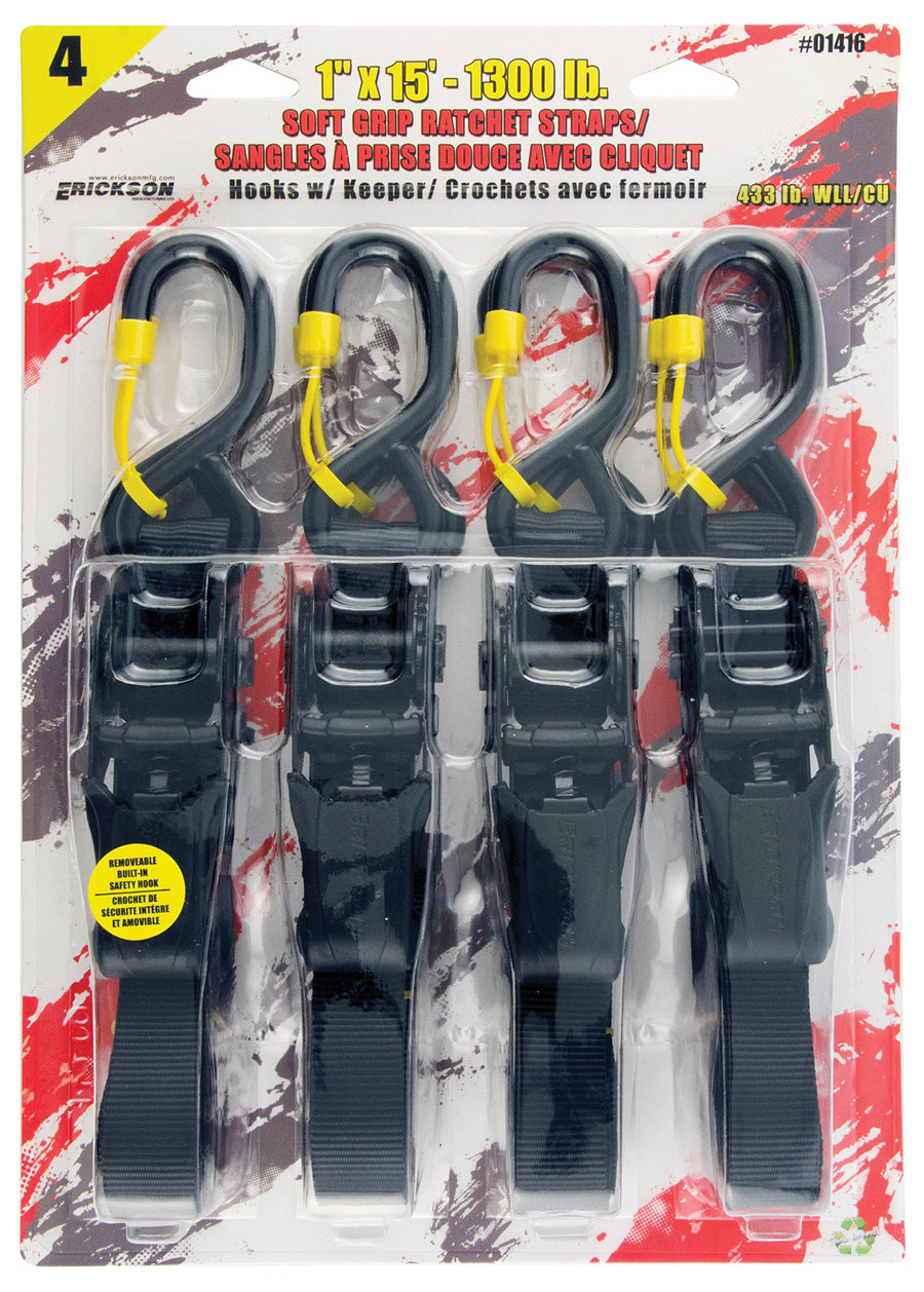 Soft Grip Erickson 01416 Ratcheting Tie Down Strap with Cap Locks, 4 Pack (1" X 15' Long, 1300lb Load Capacity)