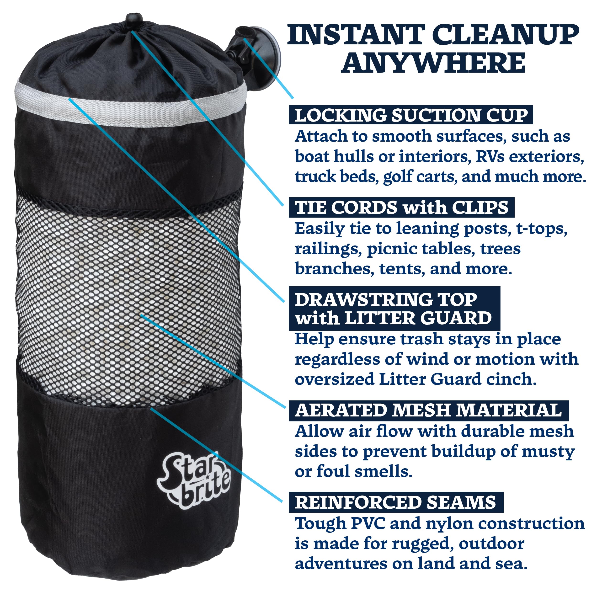 STAR BRITE Trash Bag Mesh with Locking Suction Cup & Litter Guard Cinch Tie - for Boats, RVs, Gold Carts, & Outdoor Adventures - Durable & Washable, 5 Gallon Capacity (52074)…