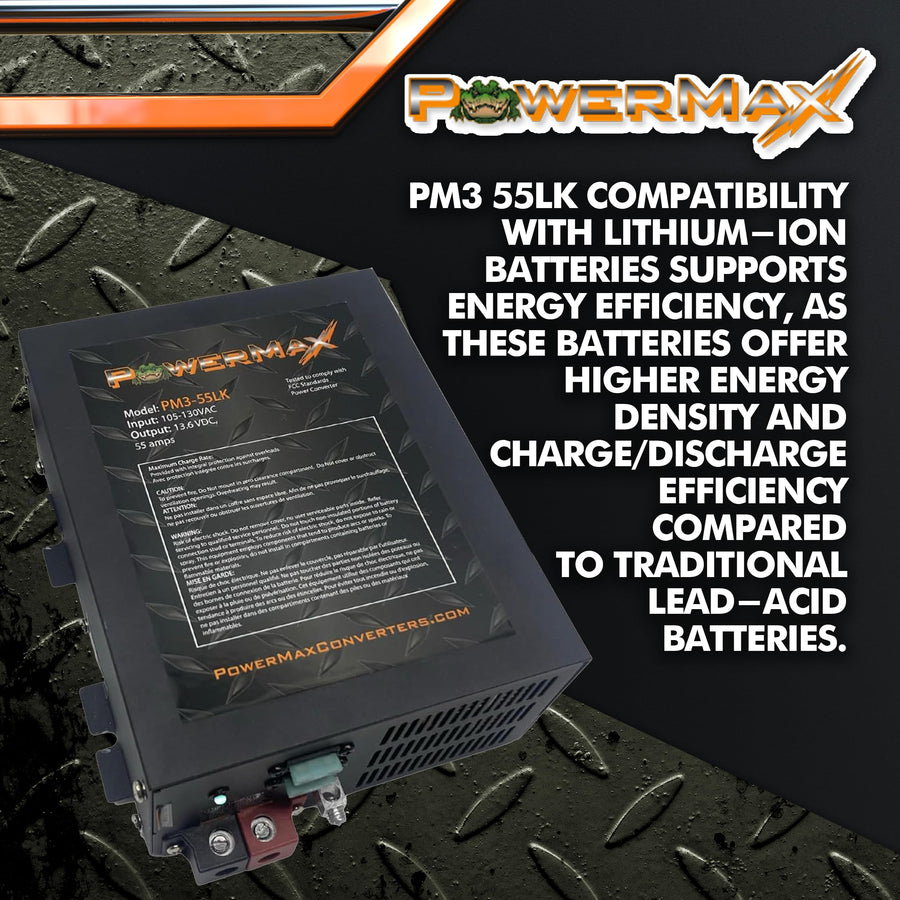 55 Amp Powermax RV Converter | 12V Power Converter with Built-in 4 Stage Smart Battery Charger | 110V AC to 12V | Lithium Compatible | Fully Adjustable Output from 13V to 16.5V | PM3 55LK