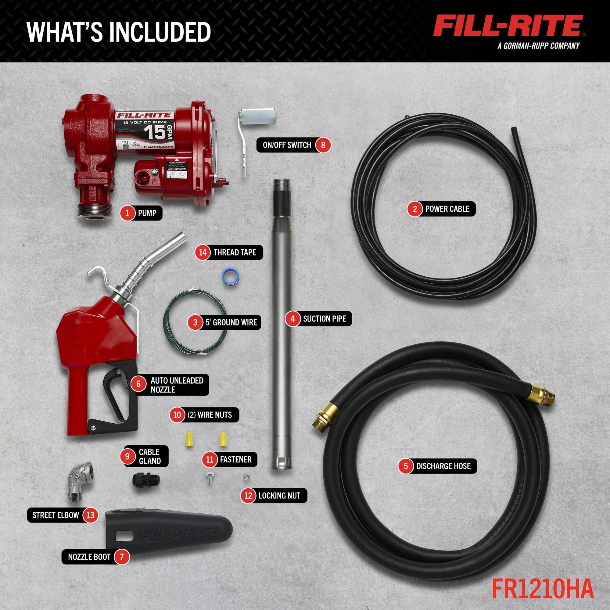 Fill-Rite 12V FR1210HA 15 GPM Fuel Transfer Pump with Discharge Hose & Automatic Nozzle, Red | Gasoline, Diesel, Kerosene, Ethanol & Methanol Blends & Biodiesel