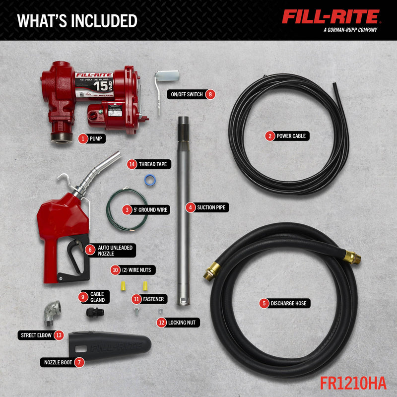 Fill-Rite 12V FR1210HA 15 GPM Fuel Transfer Pump with Discharge Hose & Automatic Nozzle, Red | Gasoline, Diesel, Kerosene, Ethanol & Methanol Blends & Biodiesel