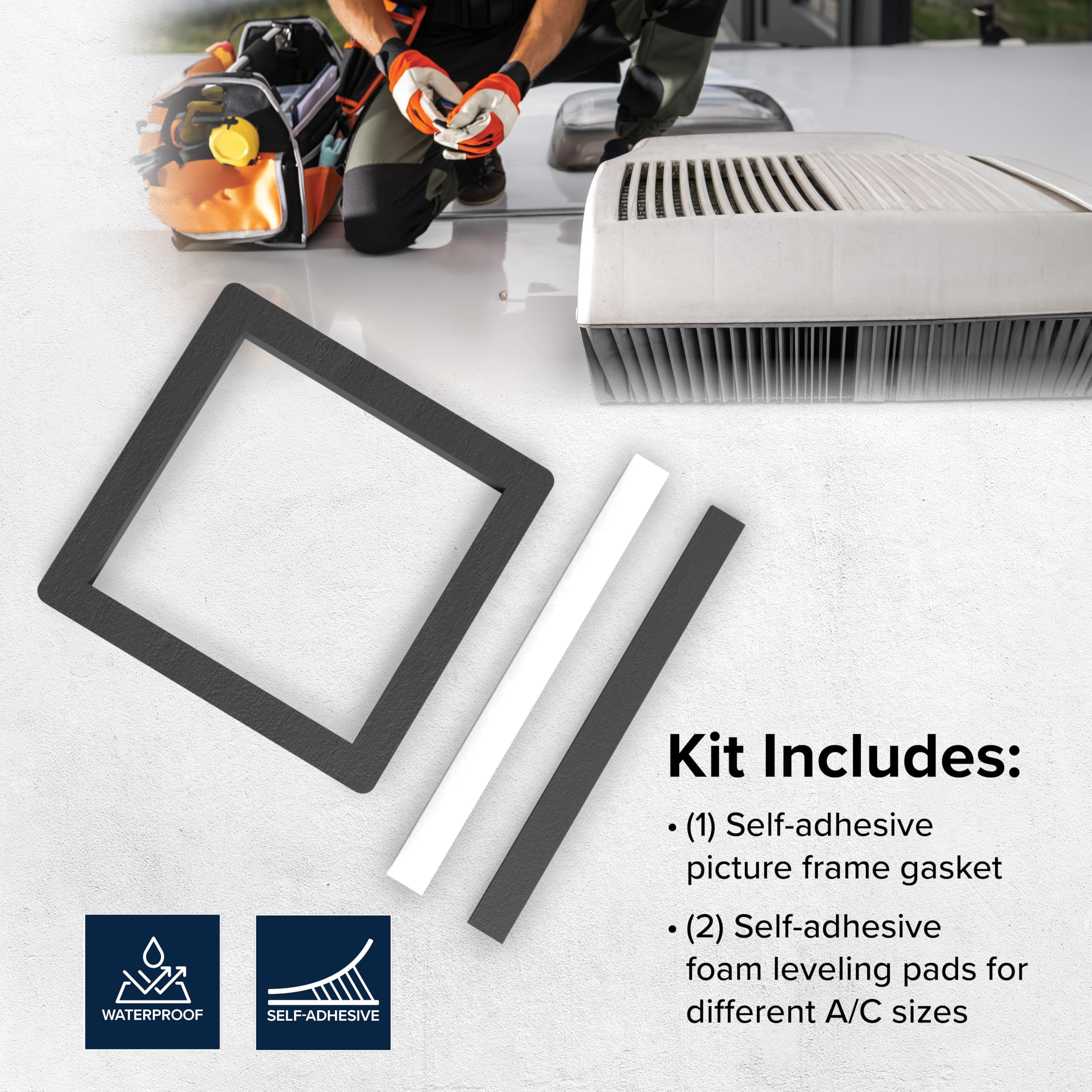 Universal Camper Roof A/C Gasket Kit Camco 14-Inch x 14-Inch - Features a Waterproof Compression Seal, Self-Adhesive Picture Frame Gasket, and Self-Adhesive Leveling Pads (25071)