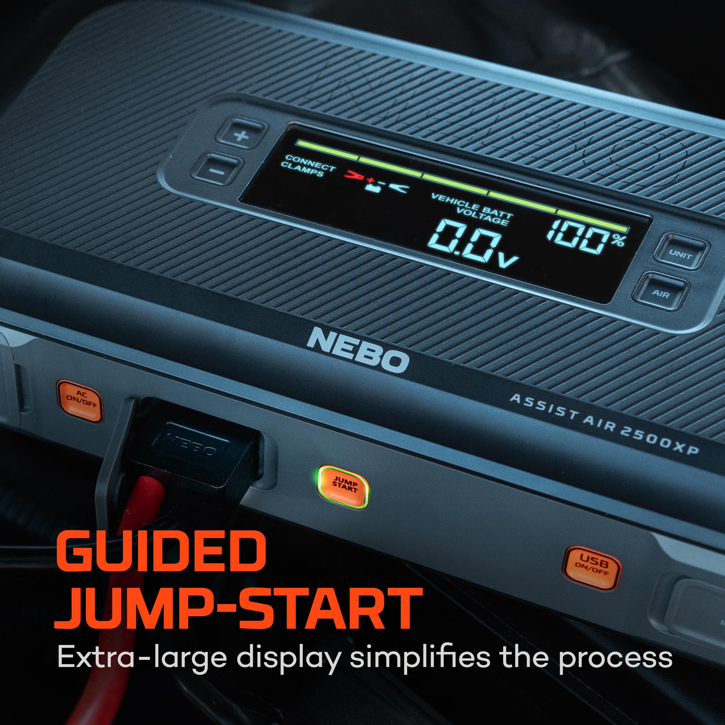 NEBO 2500XP+ Assist Air Jump Starter and Compressor | 4-in-1 2500 Amps Car Jump Starter, Air Compressor 150 PSI, Charger, and Floodlight, USB Compatible, Automotive, Emergency, Spark-Proof Safety