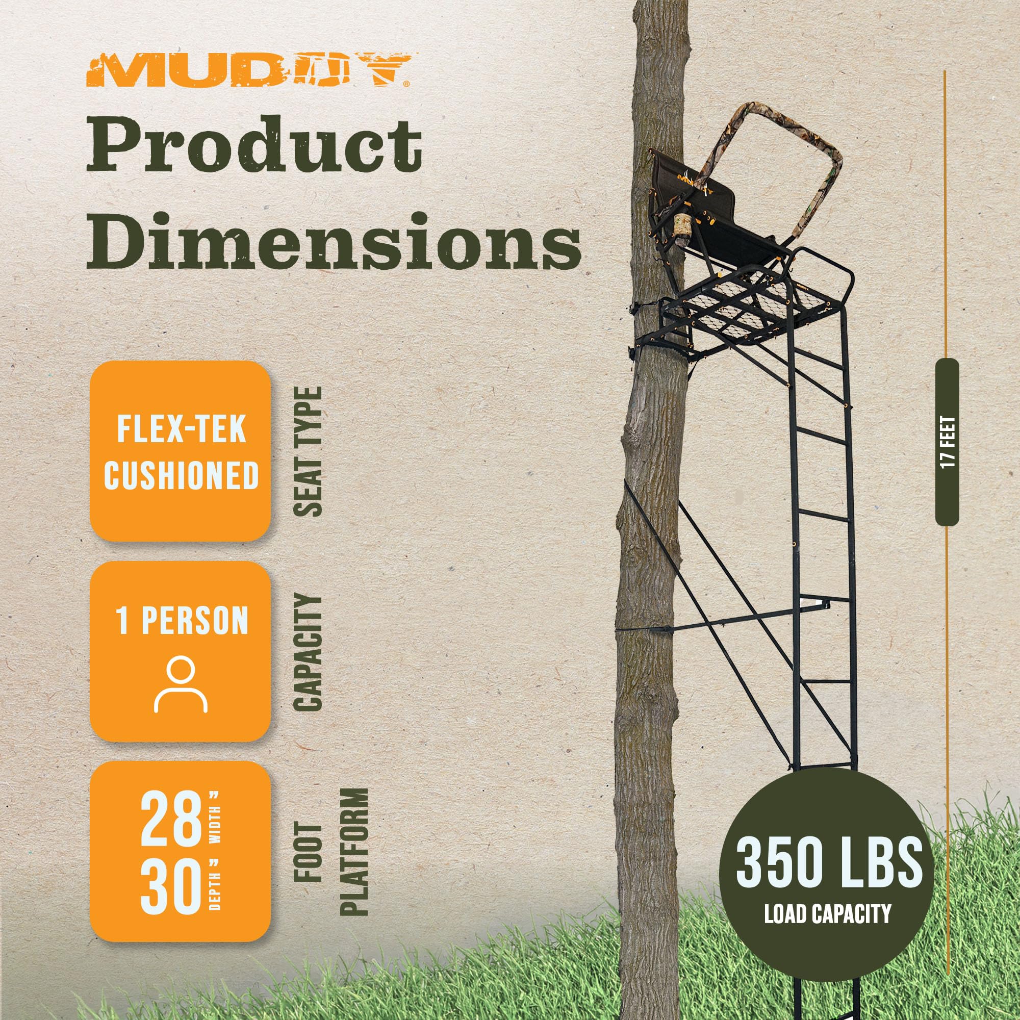 Muddy 1.5 Boss Hawg Deer Hunting Ladderstand, 17 Foot 1 Person Climbing Tree Stand with Lumbar Seat and Expanded D-Force Metal Platform